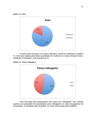                                                                             57	
  


Gráfico 12 - Sexo




        A maior parte do grupo é do sexo masculino, conforme verificado no gráfico
12. Uma das razões pela baixa quantidade de mulheres é o local principal onde a
validação foi realizada: uma empresa de TI.

Gráfico 13 - Possui videogame




       Uma boa parte dos participantes não possui um videogame, nem mesmo
quando um computador foi considerado como videogame, no caso de jogadores de
computador. O resultado está no gráfico 13, onde vemos esse ponto refletido.
 