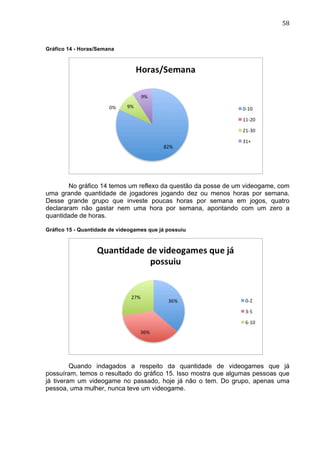                                                                          58	
  


Gráfico 14 - Horas/Semana




        No gráfico 14 temos um reflexo da questão da posse de um videogame, com
uma grande quantidade de jogadores jogando dez ou menos horas por semana.
Desse grande grupo que investe poucas horas por semana em jogos, quatro
declararam não gastar nem uma hora por semana, apontando com um zero a
quantidade de horas.

Gráfico 15 - Quantidade de videogames que já possuiu




         Quando indagados a respeito da quantidade de videogames que já
possuíram, temos o resultado do gráfico 15. Isso mostra que algumas pessoas que
já tiveram um videogame no passado, hoje já não o tem. Do grupo, apenas uma
pessoa, uma mulher, nunca teve um videogame.
 