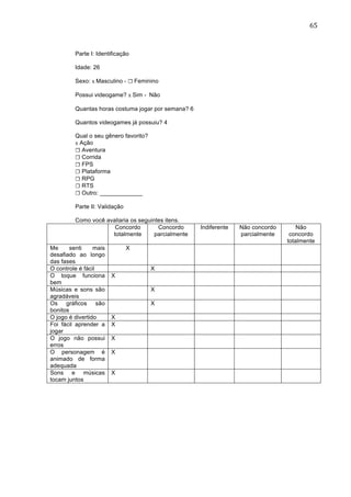                                                                                        65	
  


         Parte I: Identificação

         Idade: 26

         Sexo: x Masculino - ☐ Feminino

         Possui videogame? x Sim - Não

         Quantas horas costuma jogar por semana? 6

         Quantos videogames já possuiu? 4

         Qual o seu gênero favorito?
         x Ação
         ☐ Aventura
         ☐ Corrida
         ☐ FPS
         ☐ Plataforma
         ☐ RPG
         ☐ RTS
         ☐ Outro: _____________

         Parte II: Validação

         Como você avaliaria os seguintes itens.
                      Concordo         Concordo      Indiferente   Não concordo       Não
                     totalmente       parcialmente                 parcialmente    concordo
                                                                                  totalmente
Me      senti    mais          X
desafiado ao longo
das fases
O controle é fácil                     X
O toque funciona        X
bem
Músicas e sons são                     X
agradáveis
Os gráficos são                        X
bonitos
O jogo é divertido      X
Foi fácil aprender a    X
jogar
O jogo não possui       X
erros
O personagem é          X
animado de forma
adequada
Sons e músicas          X
tocam juntos
	
  
 