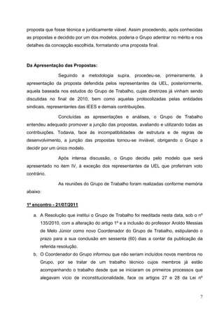 proposta que fosse técnica e juridicamente viável. Assim procedendo, após conhecidas
as propostas e decidido por um dos modelos, poderia o Grupo adentrar no mérito e nos
detalhes da concepção escolhida, formatando uma proposta final.



Da Apresentação das Propostas:

                Seguindo a metodologia supra, procedeu-se, primeiramente, à
apresentação da proposta defendida pelos representantes da UEL, posteriormente,
aquela baseada nos estudos do Grupo de Trabalho, cujas diretrizes já vinham sendo
discutidas no final de 2010, bem como aquelas protocolizadas pelas entidades
sindicais, representantes das IEES e demais contribuições.

                Concluídas as apresentações e análises, o Grupo de Trabalho
entendeu adequado promover a junção das propostas, avaliando e utilizando todas as
contribuições. Todavia, face às incompatibilidades de estrutura e de regras de
desenvolvimento, a junção das propostas tornou-se inviável, obrigando o Grupo a
decidir por um único modelo.

                Após intensa discussão, o Grupo decidiu pelo modelo que será
apresentado no item IV, à exceção dos representantes da UEL que proferiram voto
contrário.

                As reuniões do Grupo de Trabalho foram realizadas conforme memória
abaixo:

1º encontro - 21/07/2011

   a. A Resolução que institui o Grupo de Trabalho foi reeditada nesta data, sob o nº
       135/2010, com a alteração do artigo 1º e a inclusão do professor Aroldo Messias
       de Melo Júnior como novo Coordenador do Grupo de Trabalho, estipulando o
       prazo para a sua conclusão em sessenta (60) dias a contar da publicação da
       referida resolução.
   b. O Coordenador do Grupo informou que não seriam incluídos novos membros no
       Grupo, por se tratar de um trabalho técnico cujos membros já estão
       acompanhando o trabalho desde que se iniciaram os primeiros processos que
       alegavam vício de inconstitucionalidade, face os artigos 27 e 28 da Lei nº



                                                                                    7
 
