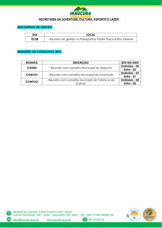 SECRETARIA DA JUVENTUDE, CULTURA, ESPORTE E LAZER
Secretaria da Juventude, Cultura, Esporte e Lazer - SEJUV
Avenida Paulo Bastos, 1481 - Centro – Irauçuba/CE, CEP: 62620 – 000 - CNPJ: 07.683.188/0001-69
sejuv@iraucuba.ce.gov.br www.iraucuba.ce.gov.br (88) 981645118
ENCONTROS DE GESTÃO
DIA LOCAL
02.08 - Reunião de gestão no Poliesportivo Padre Pascoal Rios Osterne
REUNIÕES DE CONSELHOS 2021
REUNIÃO DESCRIÇÃO QTD NO ANO
COMDI - Reunião com conselho Municipal do Desporto
Ordinária - 05
Extra - 02
COMJUV - Reunião com conselho Municipal da Juventude
Ordinária - 07
Extra - 01
COMTUCI
- Reunião com conselho Municipal do Turismo e da
Cultura
Ordinária - 05
Extra - 02
 