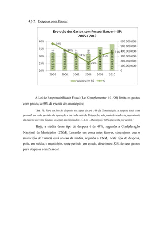 4.5.2. Despesas com Pessoal




          A Lei de Responsabilidade Fiscal (Lei Complementar 101/00) limita os gastos
com pessoal a 60% da receita dos municípios:

          “Art. 19. Para os fins do disposto no caput do art. 169 da Constituição, a despesa total com
pessoal, em cada período de apuração e em cada ente da Federação, não poderá exceder os percentuais
da receita corrente líquida, a seguir discriminados: (...) III - Municípios: 60% (sessenta por cento).”

           Hoje, a média desse tipo de despesa é de 48%, segundo a Confederação
Nacional de Municípios (CNM). Levando em conta estes fatores, concluímos que o
município de Barueri está abaixo da média, segundo a CNM, neste tipo de despesa,
pois, em média, o município, neste período em estudo, direcionou 32% de seus gastos
para despesas com Pessoal.
 