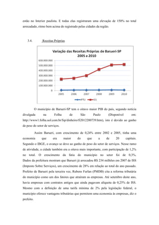 estão no Interior paulista. E todas elas registraram uma elevação de 150% no total
arrecadado, ritmo bem acima do registrado pelas cidades da região.



    3.4.         Receitas Próprias




            O município de Barueri-SP tem o oitavo maior PIB do país, segundo notícia
divulgada         na      Folha       de     São         Paulo    (Disponível       em:
http://www1.folha.uol.com.br/fsp/dinheiro/fi2012200739.htm), isto é devido ao ganho
de peso do setor de serviços.

            Assim Barueri, com crescimento de 0,24% entre 2002 e 2005, tinha uma
economia         que     era      maior    do      que      a    de    20       capitais.
Segundo o IBGE, o avanço se deve ao ganho de peso do setor de serviços. Nesse ramo
de atividade, a cidade também era a oitava mais importante, com participação de 1,2%
no total. O crescimento da fatia do município no setor foi de 0,3%.
Dados da prefeitura mostram que Barueri já arrecadou R$ 234 milhões em 2007 de ISS
(Imposto Sobre Serviços), um crescimento de 28% em relação ao total do ano passado.
Prefeito de Barueri pela terceira vez, Rubens Furlan (PMDB) cita a reforma tributária
do município como um dos fatores que atraíram as empresas. Até setembro deste ano,
havia empresas com contratos antigos que ainda pagavam alíquota de 0,25% de ISS.
Mesmo com a definição de uma tarifa mínima de 2% pela legislação federal, o
município oferece vantagens tributárias que permitem uma economia às empresas, diz o
prefeito.
 