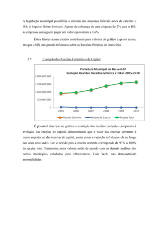 A legislação municipal possibilita a retirada dos impostos federais antes de calcular o
ISS, o Imposto Sobre Serviços. Apesar da cobrança de uma alíquota de 2% para o ISS,
as empresas conseguem pagar um valor equivalente a 1,6%.

          Estes fatores acima citados contribuem para a forma do gráfico exposto acima,
em que o ISS tem grande influencia sobre as Receitas Próprias do município.



   3.5.          Evolução das Receitas Correntes e de Capital




          É possível observar no gráfico a evolução das receitas correntes comparada à
evolução das receitas de capital, demonstrando que o valor das receitas correntes é
muito superior ao das receitas de capital, assim como a variação sofrida por ela ao longo
dos anos analisados. Isto é devido pois a receita corrente corresponde de 97% a 100%
da receita total. Entretanto, estes valores estão de acordo com as demais análises dos
outros municípios estudados pelo Observatório Tom Web, não demonstrando
anormalidades.
 