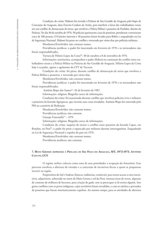 124 
3 - violações de direitos humanos dos camponeses 
Condições do crime: Maboni foi enviado à Prelazia de São Geraldo do Araguaia pelo bispo de 
Conceição do Araguaia, dom Estevão Cardoso de Avelar, para interferir a favor dos trabalhadores rurais 
em um conflito de demarcação de terras, que envolveu a Polícia Militar e posseiros de Perdidos, distrito da 
Prelazia. No dia 30 de outubro de 1976, 50 policiais queimaram casas de posseiros, prenderam e torturaram 
cerca de 100 pessoas. O Exército interveio e 30 posseiros foram levados para Belém e enquadrados na Lei 
de Segurança Nacional. Maboni foi preso no conflito e torturado por vários dias por policiais militares. 
Mandantes/Envolvidos: não constam nomes. 
Providências jurídicas: o padre foi inocentado em fevereiro de 1978 e os torturadores não 
foram responsabilizados. 
Tortura de Hilário Lopes da Costa90: 30 de outubro a 8 de novembro de 1976. 
Informações: seminarista, acompanhou o padre Maboni na contenção do conflito entre tra-balhadores 
rurais e a Polícia Militar na Prelazia de São Geraldo do Araguaia. Hilário Lopes da Costa 
hoje é ex-padre, agente e agrônomo da CPT de Tucuruí. 
Condições do crime: foi preso, durante conflito de demarcação de terras que envolveu a 
Polícia Militar e posseiros, e torturado por vários dias. 
Mandantes/Envolvidos: não constam nomes. 
Providências jurídicas: o padre foi inocentado em fevereiro de 1978 e os torturadores não 
foram responsabilizados. 
Antônio Bispo dos Santos91: 26 de fevereiro de 1987. 
Informações: religioso. Biografia carece de informações. 
Condições do crime: foi assassinado durante conflito que envolveu policiais civis e militares 
e posseiros da fazenda Agropecus, que tiveram suas casas invadidas. Antônio Bispo foi enterrado pela 
PM no cemitério de Redenção. 
Mandantes/Envolvidos: não constam nomes. 
Providências jurídicas: não constam. 
Giusepe Fontanella92 – 1976 
Informações: religioso. Biografia carece de informações. 
Condições do crime: suspeito de incitar o conflito entre posseiros da fazenda Capaz, em 
Rondon, no Pará93, o padre foi preso e espancado por militares durante interrogatórios. Enquadrado 
na Lei de Segurança Nacional e expulso do país em 1976. 
Mandantes/Envolvidos: não constam nomes. 
Providências jurídicas: não constam. 
7. Mato Grosso: repressão à Prelazia de São Félix do Araguaia, MT, 1972-1973. Antônio 
Canuto, CCV 
O regime militar colocou como uma de suas prioridades a ocupação da Amazônia. Este 
processo envolveu a abertura de estradas e a concessão de incentivos fiscais a quem se propusesse 
investir na região. 
Empresários do Sul e Sudeste (bancos, indústrias, comércio), para terem acesso a estes incen-tivos, 
adquiriram, sobretudo no norte de Mato Grosso e sul do Pará, imensas áreas de terras, algumas 
de centenas de milhares de hectares, para criação de gado, sem se preocupar se lá existia alguém. Isso 
gerou conflitos com os povos indígenas, cujos territórios foram invadidos, e com os núcleos e povoados 
de posseiros que foram sistematicamente expulsos. Ao mesmo tempo, para as atividades de abertura 
 