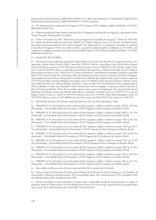 148 
3 - violações de direitos humanos dos camponeses 
Depoimento de Antônia Palmeira, 00092.001130/2014-12); e o filho, João Palmeira Jr., o “Palmeirinha” (Arquivo CNV: 
Depoimento de João Palmeira Jr., 00092.002185/2013-17); Pedro Capixaba. 
78 – Ver depoimentos de camponeses do Araguaia à CNV (Arquivo CNV: Audiência pública de Marabá, 17/11/2012, 
00092.001164/2012-14). 
79 – Dados do pesquisado Hugo Studart de abril de 2013: “Camponeses na Guerrilha do Araguaia” e documento militar: 
“Dossiê Araguaia: ultrapassando a Guerrilha”. 
80 – Fontes: Documento do SNI: “Subversivos que participaram da Guerrilha do Araguaia”; “Diário do Velho Má-rio”; 
relação dos desaparecidos de autoria dos militares, no “Dossiê Araguaia”; Livro A lei da selva, de Hugo Studart; 
documento (descaracterizado) do CIE; “Dossiê Araguaia”. Ver depoimentos de 14 camponeses torturados na repressão 
à Guerrilha do Araguaia à CNV, em outubro de 2012, e registro de audiência pública em Marabá, em 7/11/2012, com 
camponeses e indígenas vitimados pela repressão à guerrilha (Arquivo CNV: Audiência pública de Marabá, 17/11/2012, 
00092.001164/2012-14). 
81 – Fundo SNI, ACE 54730/86. 
82 – Documentos encontrados pelo pesquisador Hugo Studart citam ainda mais 20 nomes de camponeses mortos e de-saparecidos. 
Aluisio Nunes Ferreira (“Beto”), morto em 13/5/1974. Pode ser o guerrilheiro Lucio Petit da Silva; Amaury 
de Azevedo Siqueira, morto em 27/2/1974; Ferreira Pinto (Antonio), morto em 30/4/1974; Célia Sanches Cristie (“Cris-tina”), 
morta em 8/2/1974. Pode ser a guerrilheira Jana Moroni Barroso; Chico - Morto em dezembro de 1973; Edith ou 
Edite (tropeiro de burros). CIE: “Morreu em 1972 junto com Helenira” (guerrilheira); Hermógenes (auxiliava a guerrilha 
desde 1972). Preso em 4/10/1974, torturado na Base de Xambioá, preso por três dias no “Buraco do Vietnã” e desapare-cido; 
Joaquim de Souza Moura (“Joaquinzão”), paradeiro desconhecido; João Aquino Jaime (“João Goiano”), morto em 
17/1/1974; João Moacir Santiago Mendonça (Santiago), morto em 18/8/1972; João Amaurílio Patriarca (“Mané”), morto 
em setembro de 1974.; José Antonio Botelho (“Antonio”), morto em 30/4/1974; José Machado da Silva, desaparecido em 
1974 em Marabá. O irmão, Luiz Machado da Silva, informou que “José era obrigado a se apresentar todas as semanas na 
Base do Exército em Bacaba. Numa dessas ocasiões, esperava uma carona e foi atingido por um carro, socorrido por um 
informante do Exército, levado para Marabá onde faleceu no hospital”; Landinho, morto em 25/1/1974; Levy, morto; 
Miguel Tavares (“Cazuza”), morto em 20/9/1974; Manoel, morto em 12/1/1974; Paulo Mauro Rodrigues, morto em 
25/12/1975; Quincas, morto em 1974; Waldir da Costa Lima, morto em 29/4/1974; Zé Luís, morto em 13/10/1974. 
83 – KOTSCHO, Ricardo. Serra Pelada, uma ferida aberta na selva. São Paulo: Brasiliense, 1984. 
84 – PEREIRA, A. R. A luta pela terra no sul e sudeste do Pará: migrações, conflitos e violência no campo. 2013, p. 120. Tese 
(Doutorado) – Universidade Federal de Pernambuco, CFCH. Programa de Pós-Graduação em História, Recife. 
85 – PEREIRA, A. R. A luta pela terra no sul e sudeste do Pará: migrações, conflitos e violência no campo. 2013, p. 151. Tese 
(Doutorado) – Universidade Federal de Pernambuco, CFCH. Programa de Pós-Graduação em História, Recife. 
86 – PEREIRA, A. R. A luta pela terra no sul e sudeste do Pará: migrações, conflitos e violência no campo. 2013, p. 66. Tese 
(Doutorado) – Universidade Federal de Pernambuco, CFCH. Programa de Pós-Graduação em História, Recife. 
87 – PEREIRA, A. R. A luta pela terra no sul e sudeste do Pará: migrações, conflitos e violência no campo. 2013, pp. 66-67. 
Tese (Doutorado) – Universidade Federal de Pernambuco, CFCH. Programa de Pós-Graduação em História, Recife. 
88 – PEREIRA, A. R. A luta pela terra no sul e sudeste do Pará: migrações, conflitos e violência no campo. 2013, p. 66. Tese 
(doutorado) – Universidade Federal de Pernambuco, CFCH. Programa de Pós-Graduação em História, Recife. 
89 – PEREIRA, A. R. A luta pela terra no sul e sudeste do Pará: migrações, conflitos e violência no campo. 2013, pp. 75-76. 
Tese (Doutorado) – Universidade Federal de Pernambuco, CFCH. Programa de Pós-Graduação em História, Recife. 
90 – PEREIRA, A. R. A luta pela terra no sul e sudeste do Pará: migrações, conflitos e violência no campo. 2013, p. 76. Tese 
(Doutorado) – Universidade Federal de Pernambuco, CFCH. Programa de Pós-Graduação em História, Recife. 
91 – PEREIRA, A. R. A luta pela terra no sul e sudeste do Pará: migrações, conflitos e violência no campo. 2013, p. 104. Tese 
(Doutorado) – Universidade Federal de Pernambuco, CFCH. Programa de Pós-Graduação em História, Recife. 
92 – PEREIRA, A. R. A luta pela terra no sul e sudeste do Pará: migrações, conflitos e violência no campo. 2013, p. 111. Tese 
(Doutorado) – Universidade Federal de Pernambuco, CFCH. Programa de Pós-Graduação em História, Recife. 
93 – Este conflito resultou na morte do norte-americano John Davis, proprietário da fazenda. 
94 – Fontes: Arquivo da Prelazia de São Felix; jornal Alvorada, da Prelazia de São Félix do Araguaia, p. 12, “Retalhos de 
nossa história”, edições de setembro/outubro 1992; novembro/dezembro 1992; janeiro/fevereiro 1993; março/abril 1993; 
novembro/dezembro 1993; setembro/outubro 1998. 
95 – Foram consultadas as obras Assassinatos no campo: crime e impunidade, Retrato da repressão política no campo, os 
periódicos Folha de S.Paulo, jornal Correio da Manhã, jornal Terra Livre e revista Veja. Somente foram encontrados dados 
sobre a morte do lavrador Paulo Kuraki e de seu filho, Armando Kuraki. 
 