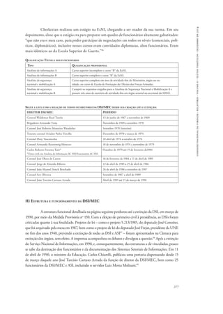 comissão nacional da verdade - relatório - volume ii - textos temáticos - dezembro de 2014 
Cherkezian realizou um estágio na EsNI, chegando a ser orador da sua turma. Em seu 
depoimento, disse que o estágio era para preparar um quadro de funcionários altamente gabaritados: 
“que não era o meu caso, para poder participar de negociações em todos os níveis (comerciais, polí-ticos, 
diplomáticos), inclusive nesses cursos eram convidados diplomatas, altos funcionários. Eram 
277 
mais idênticos ao da Escola Superior de Guerra.”96 
Qualificação Técnica dos funcionários 
Tipo Qualificação profissional 
Analista de informações A Curso superior incompleto e curso “B” da EsNI. 
Analista de informações B Curso superior completo e curso “B” da EsNI. 
Analista de segurança 
nacional e mobilização A 
Curso superior completo em área de atividade-fim do Ministério, órgão ou en-tidade, 
ou curso de Escola de Formação de Oficiais das Forças Armadas. 
Analista de segurança 
nacional e mobilização B 
Cumprir os requisitos exigidos para o Analista de Segurança Nacional e Mobilização A e 
possuir três anos de exercício de atividade-fim em órgão setorial ou seccional do SISNI. 
Segue a lista com a relação de todos os diretores da DSI/MEC desde sua criação até a extinção: 
DIRETOR DSI/MEC PERÍODO 
General Waldemar Raul Turola 13 de junho de 1967 a novembro de 1969 
Brigadeiro Armando Troia Novembro de 1969 a setembro 1970 
Coronel José Roberto Monteiro Wanderley Setembro 1970 (interino) 
Tenente-coronel Aviador Pedro Vercillo Dezembro de 1970 a março de 1974 
Coronel Osny Vasconcelos 10 abril de 1974 a outubro de 1974 
Coronel Armando Rozenweig Menezes 18 de novembro de 1974 a novembro de 1979 
Carlos Roberto Ferreira Tatit* 
Outubro de 1979 até 15 de fevereiro de1984 
*Único civil, era Analista de Informação AC SNI/Funcionário AC SNI. 
Coronel José Olavo de Castro 16 de fevereiro de 1984 a 11 de abril de 1985 
Coronel Jorge de Almeida Ribeiro 12 de abril de 1985 a 25 de abril de 1986 
Coronel João Manoel Simch Brochado 26 de abril de 1986 a setembro de 1987 
Coronel Ary Oliveira Setembro de 1987 a abril de 1989 
Coronel João Tarcísio Cartaxo Arruda Abril de 1989 até 15 de março de 1990 
H) Estrutura e funcionamento da DSI/MEC 
A estrutura funcional detalhada na página seguinte perdurou até a extinção da DSI, em março de 
1990, por meio da Medida Provisória no 150. Com a eleição do primeiro civil à presidência, as DSIs foram 
criticadas quanto à sua finalidade. Projetos de lei – como o projeto 5.213/1985, do deputado José Genoíno, 
que foi arquivado pela mesa em 1987, bem como o projeto de lei do deputado José Frejat, presidente da UNE 
no fim dos anos 1940, prevendo a extinção de todas as DSI e ASI97 – foram apresentados na Câmara para 
extinção dos órgãos, sem efeito. A imprensa acompanhou os debates e divulgou a questão.98 Após a extinção 
do Serviço Nacional de Informações, em 1990, e, consequentemente, das estruturas a ele vinculadas, pouco 
se sabe da destinação dos funcionários e da documentação dos Sistemas Setoriais de Informações. Em 11 
de abril de 1990, o ministro da Educação, Carlos Chiarelli, publicou uma portaria dispensando desde 15 
de março daquele ano José Tarcísio Cartaxo Arruda da função de diretor da DSI/MEC, bem como 25 
funcionários da DSI/MEC e ASI, incluindo o servidor Luiz Motta Molisani.99 
 