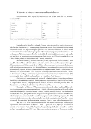 39 
comissão nacional da verdade - relatório - volume ii - textos temáticos - dezembro de 2014 
6. Militares no exílio e os perseguidos pela Operação Condor 
Preliminarmente, há o registro de 2.692 exilados em 1979 e, entre eles, 278 militares, 
assim divididos: 
FORÇA OFICIAIS PRAÇAS TOTAL 
Aeronáutica 3 35 38 
Exército 10 20 30 
Marinha 3 204 207 
Forças Policiais 1 2 3 
Total Praças 261 
Oficiais 17 
Total 278 
Fonte: Serviço Nacional de Informações (SNI), SNI/1979/Arquivo Nacional. 
Esse dado, porém, não reflete a realidade. Centenas foram para o exílio no pós-1964 e outros tan-tos 
após 1968, em razão do AI-5. Muitos militares morreram ao retornar clandestinamente ao Brasil, outros 
retornaram somente anos depois, e há aqueles que nunca mais voltaram ou morreram no exílio. Cuba foi 
o destino de muitos exilados militares que optaram pela luta armada; enquanto outros foram trocados por 
embaixadores. Vários retornaram ao Brasil na continuidade da resistência à ditadura; embora haja aqueles 
que se exilaram no primeiro momento e retornaram ao Brasil somente em 1979, como o capitão de corveta 
Thales de Fleury Godoy ou o marinheiro Paulo Conserva, entre outros. 
Documento do Serviço Nacional de Informação (SNI) registra 2.692 exilados em 1979 e, entre 
eles, 278 militares.94 Esses dados não refletem a realidade. Centenas de brasileiros foram para o exílio no pós- 
64 e outros tantos após 1968, em razão do AI-5. Muitos militares morreram ao retornar clandestinamente 
ao Brasil; outros retornaram somente anos depois; e há aqueles que nunca mais voltaram ou morreram no 
exílio. Cuba foi o destino de muitos exilados militares que optaram pela luta armada. Houve ainda os que 
foram trocados por embaixadores. Vários retornaram ao Brasil para dar continuidade à resistência à ditadu-ra. 
Também teve aqueles que se exilaram num primeiro momento e retornaram ao Brasil somente em 1979, 
como o capitão de corveta Thales de Fleury Godoy ou o marinheiro Paulo Conserva. 
O primeiro país que recebeu grande número de exilados brasileiros e, entre eles, os militares, 
foi o Uruguai, à época uma democracia. Após o progressivo engessamento das liberdades democráticas, 
o Uruguai sofreu, em 1973, um golpe de estado. Milhares de exilados brasileiros partiram, então, em 
busca de um novo refúgio, instalando-se especialmente no Chile. 
Com o golpe no Chile, em 1973, aconteceria nova diáspora de exilados brasileiros. Muitos mili-tares 
seguiram para outros países, e tudo indica que a maioria acabou indo para a Suécia. Há, ainda, relatos 
de migração para Cuba, Alemanha Oriental, Hungria, França e Portugal. Em 1974, com o advento da 
Revolução dos Cravos, Portugal foi o destino de alguns militares que estavam exilados em Cuba. Outros au-xiliariam 
o processo de reconstrução de Moçambique, Angola e Guiné, ex-colônias portuguesas. Em 1979, 
com a anistia, houve o retorno dos militares exilados, mas não de maneira imediata. Ao avaliar o caráter 
restritivo da abertura, alguns decidiram aguardar um tempo. Um deles voltou ao Brasil somente em 2012. 
Nos anos 1970, estava em curso entretanto, um mecanismo repressivo que ampliou a per-seguição 
aos exilados brasileiros na América Latina: a Operação Condor. Operação clandestina de 
conexão repressiva entre Brasil, Chile, Argentina, Uruguai, Paraguai e Bolívia – com adesão também 
do Peru em meados dos anos 1980 – seu objetivo era monitorar, capturar, ou eliminar perseguidos 
 