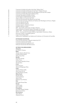 80 
2 - violações de direitos humanos dos trabalhadores 
Comissão da Verdade do Estado de São Paulo “Rubens Paiva” 
Comissão da Verdade do Município de São Paulo “Vladimir Herzog” 
Comissão da Verdade do Sindicato dos Metalúrgicos de São José dos Campos 
Comissão da Verdade Municipal de Ribeirão Pires 
Comissão Municipal da Verdade de Mauá 
Comitê Paulista Verdade Memória e Justiça 
Arquivo Público do Estado de São Paulo 
Centro de Documentação dos Químicos de São Paulo 
Centro de Documentação e Memória do Sindicato dos Metalúrgicos de Osasco e Região 
Centro de Memória do ABC 
Centro de Memória Sindical 
Fundação Arquivo e Memória de Santos 
Fundação Maurício Grabois 
IIEP – Intercâmbio, Informações, Estudos e Pesquisa 
Projeto Memória da Oposição Sindical Metalúrgica de São Paulo 
AMA A-ABC – Associação dos Metalúrgicos Anistiados do ABC 
ANAP – Associação dos Anistiados Políticos, Aposentados, Pensionistas e Idosos 
Fórum de ex-presos e perseguidos políticos 
Grupo Tortura Nunca Mais 
Sindicato dos Trabalhadores nas Indústrias de Confecção e de Vestuários de Guarulhos 
ENTIDADES NACIONAIS 
Centro de Documentação e Memória Sindical da CUT 
Comissão Camponesa da Verdade 
Comissão Nacional da Verdade da CUT 
Federação Nacional dos Metroferroviários 
OUTROS COLABORADORES 
Amazonas 
José Maria F. Pimenta 
Bahia 
Antonio Almerico Biondi Lima 
Franklin Oliveira Júnior 
Nilson Santos Baía 
Brasília 
Elizabeth Almeida 
Gilney Viana 
Nair Heloisa Bicalho de Sousa 
Nicinha Porto 
Ceará 
Franzé de Sousa 
Sílvio de Albuquerque Mota 
Goiás 
Antônio Pinheiro Salles 
Mato Grosso do Sul 
Eronildo Barbosa da Silva 
Minas Gerais 
Betinho Duarte 
Clodesmidt Riani 
Maura Gerbi 
Robinson Ayres Pimenta 
Pará 
Raimundo Nonato Brito 
Paraná 
Daniel Godoy 
Marcio Kieller 
Pernambuco 
José Felipe Rangel Gallindo 
Rafael Leite Ferreira 
Rio de Janeiro 
Alana Moraes 
Alejandra Estevez 
 