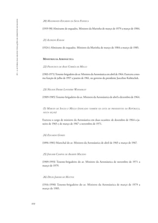 16 – a autoria das graves violações de direitos humanos 
850 
20) Maximiano Eduardo da Silva Fonseca 
(1919-98) Almirante de esquadra. Ministro da Marinha de março de 1979 a março de 1984. 
21) Alfredo Karam 
(1924-) Almirante de esquadra. Ministro da Marinha de março de 1984 a março de 1985. 
Ministros da Aeronáutica 
22) Francisco de Assis Corrêa de Mello 
(1903-1971) Tenente-brigadeiro do ar. Ministro da Aeronáutica em abril de 1964. Exercera a mes-ma 
função de julho de 1957 a janeiro de 1961, no governo do presidente Juscelino Kubitschek. 
23) Nelson Freire Lavenére Wanderley 
(1909-1985) Tenente-brigadeiro do ar. Ministro da Aeronáutica de abril a dezembro de 1964. 
(5) Márcio de Souza e Mello (indicado também na lista de presidentes da República, 
nesta seção) 
Exerceu o cargo de ministro da Aeronáutica em duas ocasiões: de dezembro de 1964 a ja-neiro 
de 1965 e de março de 1967 a novembro de 1971. 
24) Eduardo Gomes 
(1896-1981) Marechal do ar. Ministro da Aeronáutica de abril de 1965 a março de 1967. 
25) Joelmir Campos de Araripe Macedo 
(1909-1993) Tenente-brigadeiro do ar. Ministro da Aeronáutica de novembro de 1971 a 
março de 1979. 
26) Délio Jardim de Mattos 
(1916-1990) Tenente-brigadeiro do ar. Ministro da Aeronáutica de março de 1979 a 
março de 1985. 
 