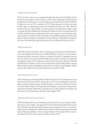 875 
comissão nacional da verdade – relatório – volume i – dezembro de 2014 
141) Ailton Guimarães Jorge 
(1941-) Ex-militar. Serviu na 1a companhia de Polícia do Exército da Vila Militar do Rio 
de Janeiro de novembro de 1966 a março de 1972. Esteve à disposição do Destacamento 
de Operações de Informações – Centro de Operações de Defesa Interna (DOI-CODI) do 
I Exército de maio de 1972 a novembro de 1972. Pediu demissão do Exército em março 
de 1981, após ser condenado pela prática de contrabando. Foi preso em 1993 e 2007 por 
envolvimento com o jogo do bicho. Teve participação em casos de detenção ilegal, tortura 
e execução. Recebeu a Medalha do Pacificador com Palma em 1969. Convocado pela CNV 
em julho de 2014 para prestar depoimento, deixou de comparecer e, posteriormente, apre-sentou 
justificativa médica. Vítimas relacionadas: Antonio Roberto Espinosa, Chael Charles 
Schreier, Maria Auxiliadora Lara Barcellos, Eremias Delizoicov (1969); Alberto José Barros 
da Graça, Luiz Sérgio Dias, Jorge Leal Gonçalves Pereira, Eduardo Collen Leite (1970). 
142) Ailton Joaquim 
(1942-2007) Capitão do Exército. Serviu no Destacamento de Operações de Informações – 
Centro de Operações de Defesa Interna (DOI-CODI) do I Exército, no Rio de Janeiro. 
Acusado pela prática de tortura, execução e ocultação de cadáver, foi apontado como um 
dos mais violentos torturadores do DOI-CODI. Esteve também envolvido com a prática de 
contrabando quando serviu na Polícia do Exército do Rio de Janeiro. Recebeu a Medalha 
do Pacificador com Palma em 1970. Vítimas relacionadas: Chael Charles Schreier, Antonio 
Roberto Espinosa, Maria Auxiliadora Lara Barcellos e Vera Silvia Araújo Magalhães, Murilo 
Pinto da Silva, Ângelo Pezzuti da Silva, Maurício Vieira de Paiva (1969). 
143) Alberi Vieira dos Santos 
(1937-1979) Sargento da Brigada Militar do Rio Grande do Sul, foi colaborador do Centro 
de Informações do Exército (CIE). Assassinado em 1979. Teve participação em detenções 
ilegais, execuções, desaparecimento forçado de pessoas e ocultação de cadáveres. Vítimas e 
caso relacionados: Massacre do Parque Nacional do Iguaçu, em que foram vítimas de de-saparecimento 
forçado Onofre Pinto, Daniel José de Carvalho, Joel José de Carvalho, José 
Lavecchia, Victor Carlos Ramos e Enrique Ernesto Ruggia (1974). 
144) Alberto Octávio Conrado Avegno 
(1927-2013) Agente do Centro de Informações do Exterior (Ciex), com o codinome “Altair”, 
entre outros, atuou também como agente do Centro de Informações da Marinha (Cenimar). 
Teve participação em detenções ilegais e desaparecimentos forçados. Vítimas e casos relacio-nados: 
sequestro de Jefferson Cardim de Alencar Osório (1970); desaparecimentos forçados 
de Jean Henri Raya Ribard e Antonio Luciano Pregoni (1973); Joaquim Pires Cerveira e 
João Batista Rita (1973-1974); sequestro de Flávio Tavares (1977). 
 