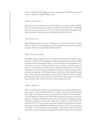 16 – a autoria das graves violações de direitos humanos 
882 
Vítimas relacionadas: Maria Regina Lobo Leite de Figueiredo, Antônio Marcos Pinto de 
Oliveira e Lígia Maria Salgado Nóbrega (1972). 
166) Artur Falcão Dizeu 
Policial civil. Serviu no Departamento de Ordem Política e Social de Pernambuco (DOPS/ 
PE). Carcereiro responsável pela custódia de Anatália de Souza Melo Alves no DOPS/PE 
quando de sua morte, sob tortura, em 1973; na ocasião, foi oficialmente divulgada a falsa 
versão de suicídio. Vítima relacionada: Anatália de Souza Melo Alves (1973). 
167) Ary Casagrande 
(1935-) Delegado de polícia. Serviu na 3a Delegacia Seccional de Polícia Civil, em Campos 
Elísios, em São Paulo. Teve participação em execução, desaparecimento forçado e ocultação 
de cadáver. Vítima relacionada: Norberto Nehring (1970). 
168) Ary Pereira de Carvalho 
(1927-2006) Coronel do Exército. Serviu na 1a Divisão de Infantaria da Vila Militar, no Rio 
de Janeiro, em 1969 e 1970. Encarregado da condução de inquéritos policiais militares (IPM) 
nos quais ocorreram interrogatórios violentos e mortes sob tortura. Teve participação em ca-sos 
de tortura, execução e ocultação de cadáver. Esteve vinculado ao atentado ocorrido no 
Riocentro, no Rio de Janeiro, em 1981. Recebeu a Medalha do Pacificador em 1969. Vítimas 
relacionadas: Severino Viana Colou, Sebastião Gomes dos Santos, Eremias Delizoicov, Maria 
Auxiliador Lara Barcellos e Chael Charles Schreier (1969); Dulce Chaves Pandolfi, Carmela 
Pezzuti, Glória Maria Percinotto, Maria do Carmo Menezes, Alberto José Barros da Graça, 
Luiz Sérgio Dias, Jorge Leal Gonçalves Pereira, Marlene Paiva, Marcos Franco, Cecília Maria 
Bouças Coimbra, Arlete de Freitas, Abel Silva, Germana Figueiredo (1970). 
169) Átila Rohrsetzer 
(1931-) Coronel do Exército. Chefiou o serviço de informações do comando do III Exército des-de 
sua criação, em 1967, até 1969. Em 1970 e 1971, chefiou a Divisão Central de Informações 
(DCI), órgão com funções equivalentes aos Destacamento de Operações de Informações – 
Centro de Operações de Defesa Interna (DOI-CODI), que atuava em parceria com as áreas de 
segurança e informações do III Exército, sendo, porém, formalmente subordinado à Secretaria 
de Segurança Pública do estado do Rio Grande do Sul. Organizou o DOI-CODI do III 
Exército em 1974 e 1975, sob a chefia do coronel João Oswaldo Leivas Job, primeiro chefe desse 
destacamento. Recebeu a Medalha do Pacificador com Palma em 1971. Foi um dos mentores 
do “Dopinha” – local clandestino de tortura instalado no centro de Porto Alegre. Em 1967 foi 
denunciado na comissão parlamentar de inquérito da Assembleia Legislativa do estado do Rio 
 