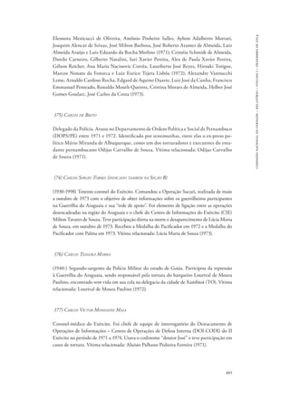 885 
comissão nacional da verdade – relatório – volume i – dezembro de 2014 
Eleonora Menicucci de Oliveira, Antônio Pinheiro Salles, Aylton Adalberto Mortati, 
Joaquim Alencar de Seixas, José Milton Barbosa, José Roberto Arantes de Almeida, Luiz 
Almeida Araújo e Luiz Eduardo da Rocha Merlino (1971); Criméia Schmidt de Almeida, 
Danilo Carneiro, Gilberto Natalini, Iuri Xavier Pereira, Alex de Paula Xavier Pereira, 
Gélson Reicher, Ana Maria Nacinovic Corrêa, Lauriberto José Reyes, Hiroaki Torigoe, 
Marcos Nonato da Fonseca e Luiz Eurico Tejera Lisbôa (1972); Alexandre Vannucchi 
Leme, Arnaldo Cardoso Rocha, Edgard de Aquino Duarte, Luiz José da Cunha, Francisco 
Emmanuel Penteado, Ronaldo Mouth Queiroz, Cristina Moraes de Almeida, Helber José 
Gomes Goulart, José Carlos da Costa (1973). 
175) Carlos de Brito 
Delegado da Polícia. Atuou no Departamento de Ordem Política e Social de Pernambuco 
(DOPS/PE) entre 1971 e 1972. Identificado por testemunhas, entre elas o ex-preso po-lítico 
Mário Miranda de Albuquerque, como um dos torturadores e executores do estu-dante 
pernambucano Odijas Carvalho de Souza. Vítima relacionada: Odijas Carvalho 
de Souza (1971). 
(74) Carlos Sergio Torres (indicado também na Seção B) 
(1930-1998) Tenente-coronel do Exército. Comandou a Operação Sucuri, realizada de maio 
a outubro de 1973 com o objetivo de obter informações sobre os guerrilheiros participantes 
na Guerrilha do Araguaia e sua “rede de apoio”. Foi elemento de ligação entre as operações 
desencadeadas na região do Araguaia e o chefe do Centro de Informações do Exército (CIE) 
Milton Tavares de Souza. Teve participação direta na morte e desaparecimento de Lúcia Maria 
de Souza, em outubro de 1973. Recebeu a Medalha do Pacificador em 1972 e a Medalha do 
Pacificador com Palma em 1973. Vítima relacionada: Lúcia Maria de Souza (1973). 
176) Carlos Teixeira Marra 
(1940-) Segundo-sargento da Polícia Militar do estado de Goiás. Participou da repressão 
à Guerrilha do Araguaia, sendo responsável pela tortura do barqueiro Lourival de Moura 
Paulino, encontrado sem vida em sua cela na delegacia da cidade de Xambioá (TO). Vítima 
relacionada: Lourival de Moura Paulino (1972). 
177) Carlos Victor Mondaine Maia 
Coronel-médico do Exército. Foi chefe de equipe de interrogatório do Destacamento de 
Operações de Informações – Centro de Operações de Defesa Interna (DOI-CODI) do II 
Exército no período de 1971 a 1974. Usava o codinome “doutor José” e teve participação em 
casos de tortura. Vítima relacionada: Aluísio Palhano Pedreira Ferreira (1971). 
 