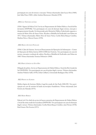 913 
comissão nacional da verdade – relatório – volume i – dezembro de 2014 
participação em casos de tortura e execução. Vítimas relacionadas: João Lucas Alves (1969), 
José Adão Pinto (1969) e Júlio Antônio Bittencourt Almeida (1970). 
299) Luiz Timótheo de Lima 
(1936-) Agente da Polícia Civil. Serviu no Departamento de Ordem Política e Social do Rio 
de Janeiro (DOPS/RJ). Teve participação em casos de detenção ilegal, tortura, execução e 
desaparecimento forçado. Foi denunciado pelo Ministério Público Federal pelo sequestro e 
tortura de Mário Alves de Souza Vieira. Recebeu a Medalha do Pacificador com Palma em 
1971. Vítimas relacionadas: Mário Alves de Souza Vieira, Cecília Maria Bouças Coimbra, 
Marlene Paiva e Marcos Franco (1970). 
300) Marco Antonio Povolleri 
(1946-) Cabo do Exército. Serviu no Destacamento de Operações de Informações – Centro 
de Operações de Defesa Interna (DOI-CODI) do I Exército. Teve participação em casos de 
tortura, execução e ocultação de cadáver. Recebeu a Medalha do Pacificador com Palma em 
1969. Vítima relacionada: Eremias Delizoicov (1969). 
301) Marco Aurélio da Silva Reis 
Delegado de polícia. Serviu no Departamento de Ordem Política e Social do Rio Grande do 
Sul (DOPS/RS). Teve participação em caso de prisão ilegal e tortura. Vítimas relacionadas: 
Antônio Pinheiro Salles (1970), Lilián Celiberti, Universindo Rodriguez Díaz (1978). 
302) Marcos de Almeida 
Médico-legista do Instituto Médico Legal do estado de São Paulo (IML/SP). Teve parti-cipação 
em caso de emissão de laudo necroscópico fraudulento. Vítima relacionada: José 
Ferreira de Almeida (1975). 
303) Mario Borges 
Policial civil. Foi chefe do serviço de buscas ostensivas do Departamento de Ordem Política 
e Social do então estado da Guanabara (DOPS/GB). Teve participação em casos de detenção 
ilegal e tortura. Vítimas relacionadas: Cecília Maria Bouças Coimbra e José Novaes (1970); 
Raul Amaro Nin Ferreira (1971). 
 