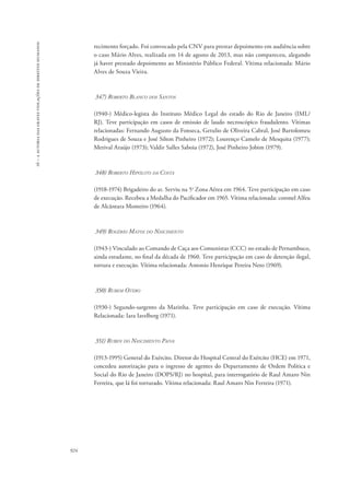 16 – a autoria das graves violações de direitos humanos 
924 
recimento forçado. Foi convocado pela CNV para prestar depoimento em audiência sobre 
o caso Mário Alves, realizada em 14 de agosto de 2013, mas não compareceu, alegando 
já haver prestado depoimento ao Ministério Público Federal. Vítima relacionada: Mário 
Alves de Souza Vieira. 
347) Roberto Blanco dos Santos 
(1940-) Médico-legista do Instituto Médico Legal do estado do Rio de Janeiro (IML/ 
RJ). Teve participação em casos de emissão de laudo necroscópico fraudulento. Vítimas 
relacionadas: Fernando Augusto da Fonseca, Getulio de Oliveira Cabral, José Bartolomeu 
Rodrigues de Souza e José Silton Pinheiro (1972); Lourenço Camelo de Mesquita (1977); 
Merival Araújo (1973); Valdir Salles Saboia (1972), José Pinheiro Jobim (1979). 
348) Roberto Hipólito da Costa 
(1918-1974) Brigadeiro do ar. Serviu na 5a Zona Aérea em 1964. Teve participação em caso 
de execução. Recebeu a Medalha do Pacificador em 1965. Vítima relacionada: coronel Alfeu 
de Alcântara Monteiro (1964). 
349) Rogério Matos do Nascimento 
(1943-) Vinculado ao Comando de Caça aos Comunistas (CCC) no estado de Pernambuco, 
ainda estudante, no final da década de 1960. Teve participação em caso de detenção ilegal, 
tortura e execução. Vítima relacionada: Antonio Henrique Pereira Neto (1969). 
350) Rubem Otero 
(1930-) Segundo-sargento da Marinha. Teve participação em caso de execução. Vítima 
Relacionada: Iara Iavelberg (1971). 
351) Ruben do Nascimento Paiva 
(1913-1995) General do Exército. Diretor do Hospital Central do Exército (HCE) em 1971, 
concedeu autorização para o ingresso de agentes do Departamento de Ordem Política e 
Social do Rio de Janeiro (DOPS/RJ) no hospital, para interrogatório de Raul Amaro Nin 
Ferreira, que lá foi torturado. Vítima relacionada: Raul Amaro Nin Ferreira (1971). 
 