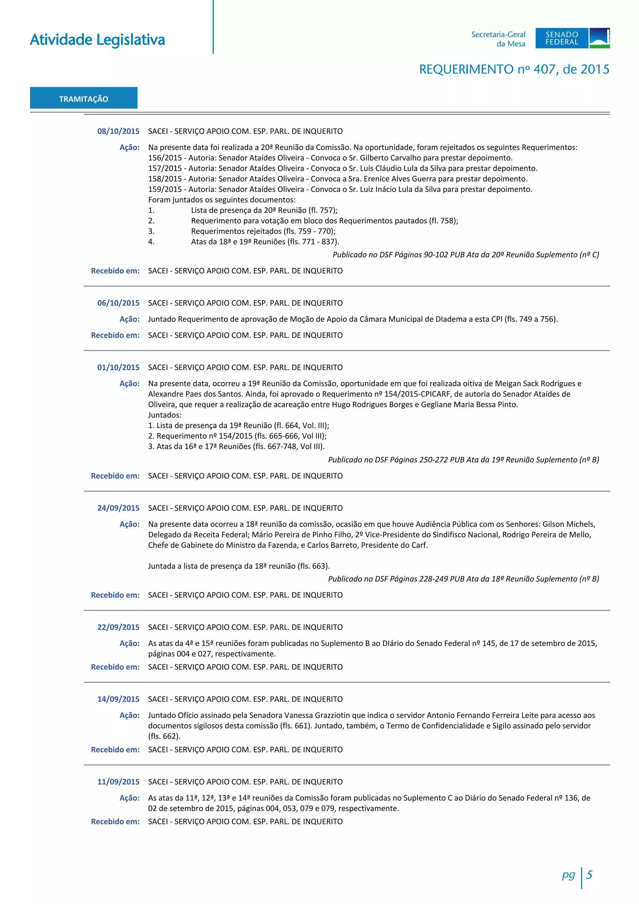 Atividade Legislativa
REQUERIMENTO nº 407, de 2015
TRAMITAÇÃO
08/10/2015 SACEI - SERVIÇO APOIO COM. ESP. PARL. DE INQUERITO
Na presente data foi realizada a 20ª Reunião da Comissão. Na oportunidade, foram rejeitados os seguintes Requerimentos:
156/2015 - Autoria: Senador Ataídes Oliveira - Convoca o Sr. Gilberto Carvalho para prestar depoimento.
157/2015 - Autoria: Senador Ataídes Oliveira - Convoca o Sr. Luís Cláudio Lula da Silva para prestar depoimento.
158/2015 - Autoria: Senador Ataídes Oliveira - Convoca a Sra. Erenice Alves Guerra para prestar depoimento.
159/2015 - Autoria: Senador Ataídes Oliveira - Convoca o Sr. Luiz Inácio Lula da Silva para prestar depoimento.
Foram juntados os seguintes documentos:
1. Lista de presença da 20ª Reunião (fl. 757);
2. Requerimento para votação em bloco dos Requerimentos pautados (fl. 758);
3. Requerimentos rejeitados (fls. 759 - 770);
4. Atas da 18ª e 19ª Reuniões (fls. 771 - 837).
Ação:
Publicado no DSF Páginas 90-102 PUB Ata da 20ª Reunião Suplemento (nº C)
SACEI - SERVIÇO APOIO COM. ESP. PARL. DE INQUERITORecebido em:
06/10/2015 SACEI - SERVIÇO APOIO COM. ESP. PARL. DE INQUERITO
Juntado Requerimento de aprovação de Moção de Apoio da Câmara Municipal de DIadema a esta CPI (fls. 749 a 756).Ação:
SACEI - SERVIÇO APOIO COM. ESP. PARL. DE INQUERITORecebido em:
01/10/2015 SACEI - SERVIÇO APOIO COM. ESP. PARL. DE INQUERITO
Na presente data, ocorreu a 19ª Reunião da Comissão, oportunidade em que foi realizada oitiva de Meigan Sack Rodrigues e
Alexandre Paes dos Santos. Ainda, foi aprovado o Requerimento nº 154/2015-CPICARF, de autoria do Senador Ataídes de
Oliveira, que requer a realização de acareação entre Hugo Rodrigues Borges e Gegliane Maria Bessa Pinto.
Juntados:
1. Lista de presença da 19ª Reunião (fl. 664, Vol. III);
2. Requerimento nº 154/2015 (fls. 665-666, Vol III);
3. Atas da 16ª e 17ª Reuniões (fls. 667-748, Vol III).
Ação:
Publicado no DSF Páginas 250-272 PUB Ata da 19ª Reunião Suplemento (nº B)
SACEI - SERVIÇO APOIO COM. ESP. PARL. DE INQUERITORecebido em:
24/09/2015 SACEI - SERVIÇO APOIO COM. ESP. PARL. DE INQUERITO
Na presente data ocorreu a 18ª reunião da comissão, ocasião em que houve Audiência Pública com os Senhores: Gilson Michels,
Delegado da Receita Federal; Mário Pereira de Pìnho Filho, 2º Vice-Presidente do Sindifisco Nacional, Rodrigo Pereira de Mello,
Chefe de Gabinete do Ministro da Fazenda, e Carlos Barreto, Presidente do Carf.
Juntada a lista de presença da 18ª reunião (fls. 663).
Ação:
Publicado no DSF Páginas 228-249 PUB Ata da 18ª Reunião Suplemento (nº B)
SACEI - SERVIÇO APOIO COM. ESP. PARL. DE INQUERITORecebido em:
22/09/2015 SACEI - SERVIÇO APOIO COM. ESP. PARL. DE INQUERITO
As atas da 4ª e 15ª reuniões foram publicadas no Suplemento B ao DIário do Senado Federal nº 145, de 17 de setembro de 2015,
páginas 004 e 027, respectivamente.
Ação:
SACEI - SERVIÇO APOIO COM. ESP. PARL. DE INQUERITORecebido em:
14/09/2015 SACEI - SERVIÇO APOIO COM. ESP. PARL. DE INQUERITO
Juntado Ofício assinado pela Senadora Vanessa Grazziotin que indica o servidor Antonio Fernando Ferreira Leite para acesso aos
documentos sigilosos desta comissão (fls. 661). Juntado, também, o Termo de Confidencialidade e Sigilo assinado pelo servidor
(fls. 662).
Ação:
SACEI - SERVIÇO APOIO COM. ESP. PARL. DE INQUERITORecebido em:
11/09/2015 SACEI - SERVIÇO APOIO COM. ESP. PARL. DE INQUERITO
As atas da 11ª, 12ª, 13ª e 14ª reuniões da Comissão foram publicadas no Suplemento C ao Diário do Senado Federal nº 136, de
02 de setembro de 2015, páginas 004, 053, 079 e 079, respectivamente.
Ação:
SACEI - SERVIÇO APOIO COM. ESP. PARL. DE INQUERITORecebido em:
pg 5
 