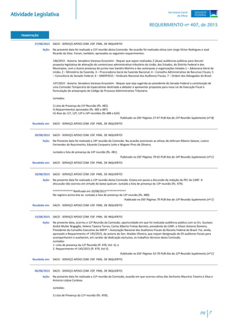 Atividade Legislativa
REQUERIMENTO nº 407, de 2015
TRAMITAÇÃO
27/08/2015 SACEI - SERVIÇO APOIO COM. ESP. PARL. DE INQUERITO
Na presente data foi realizada a 15ª reunião desta Comissão. Na ocasião foi realizada oitiva com Jorge VIctor Rodrigues e José
Ricardo da Silva. Foram, também, aprovados os seguintes requerimentos:
146/2015 - Autoria: Senadora Vanessa Grazziotin - Requer que sejam realizadas 2 (duas) audiências públicas para discutir
proposta legislativa de alteração do contencioso administrativo tributário da União, dos Estados, do Distrito Federal e dos
Municípios, com a ilustre presença do jurista Ives Gandra Martins e das autarquias e organizações listadas.1 – Advocacia Geral da
União; 2 – Ministério da Fazenda; 3 – Procuradoria Geral da Fazenda Nacional; 4 – Conselho Administrativo de Recursos Fiscais; 5
– Consultoria do Senado Federal; 6 – SINDIFISCO – Sindicato Nacional dos Auditores Fiscais; 7 – Ordem dos Advogados do Brasil.
147/2015 - Autoria: Senadora Vanessa Grazziotin - Requer que seja sugerida ao presidente do Senado Federal a constituição de
uma Comissão Temporária de Especialistas destinada a debater e apresentar propostas para nova Lei de Execução Fiscal e
formulação de anteprojeto de Código de Processo Administrativo Tributário.
Juntados:
i) Lista de Presença da 15ª Reunião (fls. 482)
ii) Requerimentos aprovados (fls. 483 a 487)
iii) Atas da 11ª, 12ª, 13ª e 14ª reuniões (fls.488 a 624)
Ação:
Publicado no DSF Páginas 27-47 PUB Ata da 15ª Reunião Suplemento (nº B)
SACEI - SERVIÇO APOIO COM. ESP. PARL. DE INQUERITORecebido em:
20/08/2015 SACEI - SERVIÇO APOIO COM. ESP. PARL. DE INQUERITO
Na Presente data foi realizada a 14ª reunião da Comissão. Na ocasião ocorreram as oitivas de:Jeferson Ribeiro Salazar; Lutero
Fernandes do Nascimento; Eduardo Cerqueira Leite e Wagner Pires de Oliveira.
Juntada a lista de presença da 14ª reunião (fls. 481)
Ação:
Publicado no DSF Páginas 79-92 PUB Ata da 14ª Reunião Suplemento (nº C)
SACEI - SERVIÇO APOIO COM. ESP. PARL. DE INQUERITORecebido em:
18/08/2015 SACEI - SERVIÇO APOIO COM. ESP. PARL. DE INQUERITO
Na presente data foi realizada a 13ª reunião desta Comissão. Estava em pauta a discussão da redação da PEC do CARF. A
discussão não ocorreu em virtude do baixo quórum. Juntada a lista de presença da 13ª reunião (fls. 479).
************* Retificado em 20/08/2015*************
No registro acima leia-se: Juntada a lista de presença da 13ª reunião (fls. 480).
Ação:
Publicado no DSF Páginas 79 PUB Ata da 13ª Reunião Suplemento (nº C)
SACEI - SERVIÇO APOIO COM. ESP. PARL. DE INQUERITORecebido em:
13/08/2015 SACEI - SERVIÇO APOIO COM. ESP. PARL. DE INQUERITO
Na presente data, ocorreu a 12ª Reunião da Comissão, oportunidade em que foi realizada audiência pública com os Srs. Gustavo
André Muller Brigagão; Heleno Taveira Torres; Carlos Alberto Freitas Barreto, presidente do CARF; e Vilson Antonio Romero,
Presidente do Conselho Executivo da ANFIP – Associação Nacional dos Auditores-Fiscais da Receita Federal do Brasil. Foi, ainda,
aprovado o Requerimento nº 145/2015, de autoria do Sen. Ataídes Oliveira, que requer designação de 05 auditores fiscais para
acompanharem e auxiliarem, em caráter de dedicação exclusiva, os trabalhos técnicos desta Comissão.
Juntados:
1. Lista de presença da 12ª Reunião (fl. 478, Vol. II); e
2. Requerimento nº 145/2015 (fl. 479, Vol II).
Ação:
Publicado no DSF Páginas 53-79 PUB Ata da 12ª Reunião Suplemento (nº C)
SACEI - SERVIÇO APOIO COM. ESP. PARL. DE INQUERITORecebido em:
06/08/2015 SACEI - SERVIÇO APOIO COM. ESP. PARL. DE INQUERITO
Na presente data foi realizada a 11ª reunião da Comissão, ocasião em que ocorreu oitiva dos Senhores Maurício Taveira e Silva e
Antonio Lisboa Cardoso.
Juntadas:
i) Lista de Presença da 11ª reunião (fls. 459);
Ação:
pg 7
 