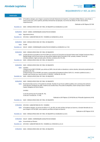Atividade Legislativa
REQUERIMENTO nº 407, de 2015
TRAMITAÇÃO
A Presidência designa, para integrar a presente Comissão Palamentar de Inquérito, os Senadores Wilder Morais, como titular, e
Cássio Cunha Lima, como suplente, pelo Bloco Parlamentar da Oposição, nos termos dos Ofícios nºs 38 e 120, de 2015,
respectivamente.
Ação:
Publicado no DSF Páginas 557-558
SACEI - SERVIÇO APOIO COM. ESP. PARL. DE INQUERITO em 03/06/2015 às 10:49Recebido em:
02/06/2015 SSCLSF - SUBSEC. COORDENAÇÃO LEGISLATIVA DO SENADO
Aguardando leitura.Ação:
ATA-PLEN - SUBSECRETARIA DE ATA - PLENÁRIO em 02/06/2015 às 20:16Recebido em:
02/06/2015 SACEI - SERVIÇO APOIO COM. ESP. PARL. DE INQUERITO
À SGM.Ação:
SSCLSF - SUBSEC. COORDENAÇÃO LEGISLATIVA DO SENADO em 02/06/2015 às 17:44Recebido em:
02/06/2015 SACEI - SERVIÇO APOIO COM. ESP. PARL. DE INQUERITO
Juntada Decisão da presidência da CPI do CARF que autoriza aos Consultores do Senado Federal João Trindade Cavalcante Filho e
Raphael Borges Leal de Souza acesso aos documentos sigilosos desta Comissão (fl. 94). Juntados, também, Termos de
Confidencialidade e Sigilo assinados pelos referidos consultores (fls. 95 e 96).
Ação:
SACEI - SERVIÇO APOIO COM. ESP. PARL. DE INQUERITORecebido em:
02/06/2015 SACEI - SERVIÇO APOIO COM. ESP. PARL. DE INQUERITO
Juntados:
i) Requerimento 08/15 CPICARF, que solicita ao CARF a lista de todos os devedores e valores devidos, declarado prejudicado pela
presidência (fls. 91);
ii) Requerimento 17/15 CPICARF, que requer a convocação do Presidente do Banco Safra S.A., retirado a pedido do autor, o
Senador José Pimentel, por meio do ofício nº 139/2015 - GSJPIM (fls. 92 e 93).
Ação:
SACEI - SERVIÇO APOIO COM. ESP. PARL. DE INQUERITORecebido em:
02/06/2015 SACEI - SERVIÇO APOIO COM. ESP. PARL. DE INQUERITO
Na presente data ocorreu a 3ª reunião da comissão. Ocasião em que houve audiência pública com a presença dos senhores:
Carlos Barreto, Presidente do CARF; Frederico de Carvalho Paiva, Procurador da República; Oslain Campos Severo e Marlon
Cajado, Delegados de Polícia Federal.
Juntados:
i) Lista de presença da 3ª reunião (fls. 76);
ii) Ata da 2ª reunião (fls. 77 a 90).
Ação:
Publicado no DSF Páginas 12-39 PUB Ata da 3ª Reunião Suplemento (nº B)
SACEI - SERVIÇO APOIO COM. ESP. PARL. DE INQUERITORecebido em:
27/05/2015 ATA-PLEN - SUBSECRETARIA DE ATA - PLENÁRIO
A Presidência designa, nos termos do Ofício nº 71, de 2015, do Líder do Bloco de Apoio ao Governo, o Senador Benedito de Lira
para integrar a CPI do CARF, como suplente, pelo Bloco de Apoio ao Governo.
Ação:
Publicado no DSF Páginas 53-54
SACEI - SERVIÇO APOIO COM. ESP. PARL. DE INQUERITO em 02/06/2015 às 16:51Recebido em:
27/05/2015 SSCLSF - SUBSEC. COORDENAÇÃO LEGISLATIVA DO SENADO
Encaminhado ao Plenário.Ação:
ATA-PLEN - SUBSECRETARIA DE ATA - PLENÁRIO em 27/05/2015 às 21:15Recebido em:
27/05/2015 SACEI - SERVIÇO APOIO COM. ESP. PARL. DE INQUERITO
pg 14
 