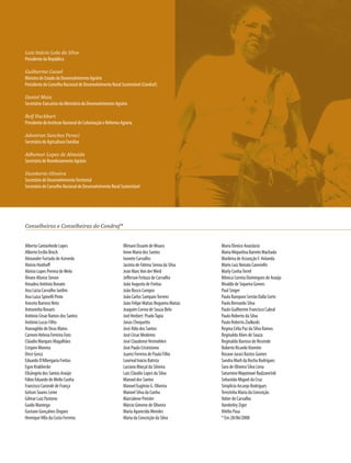 Luiz Inácio Lula da Silva
Presidente da República

Guilherme Cassel
Ministro de Estado do Desenvolvimento Agrário
Presidente do Conselho Nacional de Desenvolvimento Rural Sustentável (Condraf)

Daniel Maia
Secretário-Executivo do Ministério do Desenvolvimento Agrário

Rolf Hackbart
Presidente do Instituto Nacional de Colonização e Reforma Agrária

Adoniran Sanches Peraci
Secretário de Agricultura Familiar

Adhemar Lopes de Almeida
Secretário de Reordenamento Agrário

Humberto Oliveira
Secretário de Desenvolvimento Territorial
Secretário do Conselho Nacional de Desenvolvimento Rural Sustentável




Conselheiros e Conselheiras do Condraf*


Alberto Cantanhede Lopes                                   Illimani Ossami de Moura             Maria Elenice Anastácio
Alberto Ercílio Broch                                      Irene Maria dos Santos               Maria Miquelina Barreto Machado
Alexandre Furtado de Azevedo                               Ivonete Carvalho                     Marilena de Assunção F. Holanda
Aloisio Hunhoff                                            Jacinta de Fátima Senna da Silva     Mário Luiz Nonato Canevello
Aloísio Lopes Pereira de Melo                              Jean Marc Von der Weid               Marly Cunha Terrel
Álvaro Afonso Simon                                        Jefferson Feitoza de Carvalho        Mônica Correia Domingues de Araújo
Amadeu Antônio Bonato                                      João Augusto de Freitas              Nivaldo de Siqueira Gomes
Ana Lúcia Carvalho Jardim                                  João Bosco Campos                    Paul Singer
Ana Luiza Spinelli Pinto                                   João Carlos Sampaio Torrens          Paula Ramponi Serrão Dalla Corte
Aniceto Barroso Neto                                       João Felipe Matias Nogueira Matias   Paulo Bernardo Silva
Antoninho Rovaris                                          Joaquim Correa de Souza Belo         Paulo Guilherme Francisco Cabral
Antônio César Ramos dos Santos                             Joel Herbert Prado Tapia             Paulo Roberto da Silva
Antônio Lucas Filho                                        Jonas Chequetto                      Paulo Roberto Ziulkoski
Atanagildo de Deus Matos                                   José Aldo dos Santos                 Regina Célia Paz da Silva Ramos
Carmen Helena Ferreira Foro                                José César Medeiros                  Reginaldo Alves de Souza
Cláudio Marques Magalhães                                  José Claudenor Vermohlen             Reginaldo Barroso de Resende
Crispim Moreira                                            José Paulo Crisóstomo                Roberto Ricardo Vizentin
Dirce Grosz                                                Juarez Ferreira de Paula Filho       Rosane Juraci Bastos Gomes
Eduardo D’Albergaria Freitas                               Lourival Inácio Batista              Sandra Marli da Rocha Rodrigues
Egon Krakhecke                                             Luciano Marçal da Silveira           Sara de Oliveira Silva Lima
Elisângela dos Santos Araújo                               Luís Cláudio Lopes da Silva          Saturnino Wapotowé Rudzane’edi
Fábio Eduardo de Mello Cunha                               Manoel dos Santos                    Sebastião Miguel da Cruz
Francisco Canindé de França                                Manoel Eugênio G. Oliveira           Simplício Arcanjo Rodrigues
Gelson Soares Leme                                         Manoel Silva da Cunha                Terezinha Maria da Conceição
Gilmar Luiz Pastorio                                       Marcialene Preisler                  Valter de Carvalho
Guido Mantega                                              Márcio Gimene de Oliveira            Vanderley Ziger
Gustavo Gonçalves Úngaro                                   Maria Aparecida Mendes               Vitélio Pasa
Henrique Villa da Costa Ferreira                           Maria da Conceição da Silva          * Em 28/06/2008
 