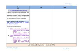 MOOC INCTEC 2014
Módulo 2
Profs do Oeste: Cristina Neto
Conceição Monteiro Página 17 de 27
A
(1)
AA AAA
 Foi encontrado 1 elemento sem título
O objetivo é usar o atributo title do elemento frame
(moldura) ou iframe para legendar os conteúdos de
cada frame. O uso deste atributo permite etiquetar
cada um dos frames, permitindo aos utilizadores a
sua identificação, descriminação e exploração.
Critério WCAG 2.0 não cumprido:
H64: Utilizar o atributo title da frame e
dos elementos iframe
Esta técnica está relacionada com:
 Critério de Sucesso 2.4.1 (Ignorar Blocos)
o Como Cumprir o 2.4.1 (Ignorar
Blocos)
o Noções sobre o Critério de
Sucesso 2.4.1 (Ignorar Blocos)
 Critério de Sucesso 4.1.2 (Nome, Função,
Valor)
o Como Cumprir o 4.1.2 (Nome,
Função, Valor)
o Noções sobre o Critério de
Sucesso 4.1.2 (Nome, Função,
Valor)
Marcação de Links, menus e texto dos links
 