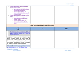 MOOC INCTEC 2014
Módulo 2
Profs do Oeste: Cristina Neto
Conceição Monteiro Página 19 de 27
 Critério de Sucesso 2.4.9 (Finalidade do
Link (Apenas o Link))
o Como Cumprir o 2.4.9 (Finalidade
do Link (Apenas o Link))
o Noções sobre o Critério de
Sucesso 2.4.9 (Finalidade do Link
(Apenas o Link))
 Critério de Sucesso 4.1.2 (Nome, Função,
Valor)
o Como Cumprir o 4.1.2 (Nome,
Função, Valor)
o Noções sobre o Critério de
Sucesso 4.1.2 (Nome, Função,
Valor)
Links para contornar blocos de informação
A
(2)
AA AAA
 Constatou-se que o primeiro link da
página não nos conduz até à área do
conteúdo principal.
O objetivo é disponibilizar um mecanismo que
permita contornar blocos de material que se
repetem em múltiplas páginas Web, passando
diretamente para o conteúdo principal. O primeiro
item interativo da página Web deve ser um link que
nos conduza ao início do conteúdo principal.
Critério WCAG 2.0 não cumprido:
G1: Adicionar um link no topo de cada
 