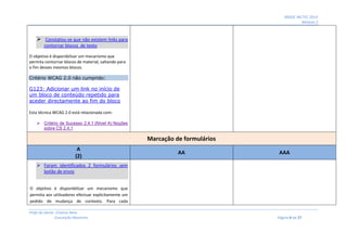 MOOC INCTEC 2014
Módulo 2
Profs do Oeste: Cristina Neto
Conceição Monteiro Página 8 de 27
 Constatou-se que não existem links para
contornar blocos de texto
O objetivo é disponibilizar um mecanismo que
permita contornar blocos de material, saltando para
o fim desses mesmos blocos.
Critério WCAG 2.0 não cumprido:
G123: Adicionar um link no início de
um bloco de conteúdo repetido para
aceder directamente ao fim do bloco
Esta técnica WCAG 2.0 está relacionada com:
 Critério de Sucesso 2.4.1 (Nível A) Noções
sobre CS 2.4.1
Marcação de formulários
A
(2)
AA AAA
 Foram identificados 2 formulários sem
botão de envio
O objetivo é disponibilizar um mecanismo que
permita aos utilizadores efectuar explicitamente um
pedido de mudança de contexto. Para cada
 