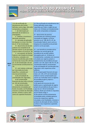 § 1o Na verificação do              § 1º Na verificação do atendimento dos
     atendimento dos limites              limites definidos neste artigo,
     definidos neste artigo, não serão    repartidos por Poder e órgão de que
     computadas as despesas:              trata o art. 20 desta Lei Complementar,
          I - de indenização por          não serão computadas as despesas:
     demissão de servidores ou            ................................................
     empregados;                          IV – decorrentes de passivos
          II - relativas a incentivos à   reconhecidos por sentença judicial
     demissão voluntária;                 transitada em julgado, na forma
          III - derivadas da aplicação    prevista no art. 100, §§ 2º e 3º, da
     do disposto no inciso II do § 6o     Constituição Federal, assim como as
     do art. 57 da Constituição;          despesas da competência de período
          IV - decorrentes de decisão     anterior ao de apuração;
     judicial e da competência de         ..............................................................
     período anterior ao da apuração      VI – com benefícios previdenciários
     a que se refere o § 2o do art. 18;   definidos nas normas gerais de
          V - com pessoal, do Distrito    previdência do servidor público
     Federal e dos Estados do Amapá       abrangidos pelo art. 18 desta Lei
     e Roraima, custeadas com             Complementar, custeadas com recursos
     recursos transferidos pela União     vinculados aos regimes próprio e
     na forma dos incisos XIII e XIV do   complementar de previdência de que
     art. 21 da Constituição e do art.    tratam o art. 40, caput e §§ 14 e 15, da
GRUP
     31 da Emenda Constitucional no       Constituição Federal, provenientes:
 O3
     19;                                  a) da arrecadação de contribuições dos
          VI - com inativos, ainda que    segurados e dos respectivos entes
     por intermédio de fundo              públicos;
     específico, custeadas por            b) da compensação financeira de que
     recursos provenientes:               trata o art. 201, § 9º, da Constituição
          a) da arrecadação de            Federal e outras compensações que
     contribuições dos segurados;         vierem ser instituídas entre os regimes
          b) da compensação               de previdência geral, próprio e
     financeira de que trata o § 9o do    complementar;
     art. 201 da Constituição;            c) do aporte de recursos do ente
          c) das demais receitas          público para a capitalização do regime
     diretamente arrecadadas por          próprio de previdência de que trata o
     fundo vinculado a tal finalidade,    caput do art. 40 da Constituição
     inclusive o produto da alienação     Federal, desde que atenda os requisitos
     de bens, direitos e ativos, bem      do § 3º deste artigo; e
     como seu superávit financeiro.       d) das demais receitas diretamente
                                          arrecadadas pelas unidades gestoras
                                          únicas dos respectivos regimes,
                                          vinculadas a tais finalidades, inclusive o
                                          produto da alienação de bens, direitos
                                          e ativos e seus respectivos superávits
                                          financeiros.
 