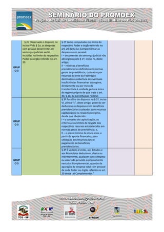 § 2o Observado o disposto no      § 2º Serão computadas no limite do
       inciso IV do § 1o, as despesas      respectivo Poder e órgão referido no
       com pessoal decorrentes de          art. 20 desta Lei Complementar as
       sentenças judiciais serão           despesas com pessoal:
       incluídas no limite do respectivo   I – decorrentes de sentença judicial não
       Poder ou órgão referido no art.     abrangidas pelo § 1º, inciso IV, deste
       20.                                 artigo;
                                           II – relativas a benefícios
GRUP
                                           previdenciários definidos em normas
 O3
                                           gerais de previdência, custeadas por
                                           recursos do ente da Federação
                                           destinados à cobertura de eventuais
                                           insuficiências financeiras do regime,
                                           diretamente ou por meio de
                                           transferência à unidade gestora única
                                           do regime próprio de que trata o art.
                                           40, § 20, da Constituição Federal.
                                           § 3º Para fins do disposto no § 1º, inciso
                                           VI, alínea “c”, deste artigo, poderão ser
                                           deduzidas as despesas com benefícios
                                           previdenciários custeadas com recursos
                                           capitalizados no respectivo regime,
                                           desde que obedecido:
                                           I – o conceito de capitalização, os
GRUP
                                           critérios e os limites de resgate dos
 O3
                                           respectivos recursos estabelecidos em
                                           normas gerais de previdência; e,
                                           II – o prazo mínimo de cinco anos, a
                                           partir do aporte financeiro, para
                                           utilização dos recursos para o
                                           pagamento de benefícios
                                           previdenciários.
                                           § 4º É vedado à União, aos Estados e
                                           aos Municípios deduzirem, direta ou
                                           indiretamente, qualquer outra despesa
GRUP                                       ou valor não previsto expressamente
 O3                                        nesta Lei Complementar, quando da
                                           apuração da despesa total com pessoal
                                           de cada Poder ou órgão referido no art.
                                           20 desta Lei Complementar.”
 