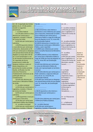 Art. 20. A repartição dos limites     “Art.20. ...............                     Art. 20. ...
     globais do art. 19 não poderá         I – ...............
     exceder os seguintes                  ......................                       II - na esfera estadual:
     percentuais:                          c) 38,511% (trinta e oito inteiros e         a) 3% (três por cento)
          I - na esfera federal:           quinhentos e onze milésimos por cento)       para o Legislativo e o
          a) 2,5% (dois inteiros e cinco   para o Executivo, destacando-se 0,05%        Tribunal de Contas do
     décimos por cento) para o             (cinco milésimos por cento) para a           Estado . ........
     Legislativo, incluído o Tribunal      Defensoria Pública a cargo da União por
     de Contas da União;                   força do disposto no art. 21, inciso XIII,
          b) 6% (seis por cento) para o    da Constituição Federal;                     III - na esfera distrital:
     Judiciário;                           d) 0,691% (seiscentos e noventa e um         a) 3% (três por cento)
          c) 40,9% (quarenta inteiros      milésimos por cento) para o Ministério       para o Legislativo e o
     e nove décimos por cento) para        Público, assim repartido:                    Tribunal de Contas do
     o Executivo, destacando-se 3%         1) 0,006% (seis milésimos por cento)         Distrito Federal; .........
     (três por cento) para as despesas     para o Conselho Nacional do Ministério
     com pessoal decorrentes do que        Público;                                     IV - na esfera                Ajustar o
     dispõem os incisos XIII e XIV do      2) 0,085% (oitenta e cinco milésimos         municipal:                    texto dos
     art. 21 da Constituição e o art.      por cento) para o Ministério Público a       a) 6% (seis por cento)        dispositivos
     31 da Emenda Constitucional no        cargo da União por força do disposto no      para o Legislativo e o        ao que
     19, repartidos de forma               art. 21, inciso XIII, da Constituição        Tribunal de Contas do         dispõe o art.
     proporcional à média das              Federal;                                     Município, quando             44 da
     despesas relativas a cada um          3) 0,6% (seis décimos por cento) para        houver;...........            Constituição
GRUP
     destes dispositivos, em               os ramos do Ministério Público da                                          Federal, o
 O3
     percentual da receita corrente        União com representação no território                                      qual não
     líquida, verificadas nos três         nacional;                                    II- no Poder                  inclui na
     exercícios financeiros                e) 0,3% (três décimos por cento) para o      Legislativo:                  composição
     imediatamente anteriores ao da        Poder Judiciário a cargo da União por        a) Federal, as                do Poder
     publicação desta Lei                  força do art. 21, inciso XIII, da            respectivas Casas ;           Legislativo os
     Complementar;                         Constituição Federal;                        b) Estadual, a                Tribunais de
          d) 0,6% (seis décimos por        f) 2% (dois por cento) para as despesas      Assembléia                    Contas.
     cento) para o Ministério Público      com pessoal decorrentes do que dispõe        Legislativa;
     da União;                             o art. 21, inciso XIV, da Constituição       c) do Distrito Federal,
          II - na esfera estadual:         Federal;                                     a Câmara Legislativa ;
          a) 3% (três por cento) para o    II – ........................                d) Municipal, a
     Legislativo, incluído o Tribunal      ............................                 Câmara de
     de Contas do Estado;                  c) 48,5% (quarenta e oito inteiros e         Vereadores;.........
          b) 6% (seis por cento) para o    cinco décimos por cento) para o
     Judiciário;                           Executivo;
          c) 49% (quarenta e nove por      ...                                          IV – os Tribunais de
     cento) para o Executivo;              e) 0,5% (cinco décimos por cento) para       Contas
          d) 2% (dois por cento) para      a Defensoria Pública Estadual;
     o Ministério Público dos Estados;     ........................                     V – a Defensoria
          III - na esfera municipal:       III – na esfera distrital:                   Pública Estadual.
          a) 6% (seis por cento) para o    a) 3% (três por cento) para o
     Legislativo, incluído o Tribunal      Legislativo, incluído o Tribunal de
 