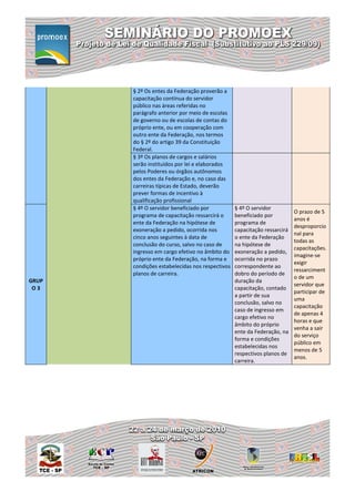 § 2º Os entes da Federação proverão a
       capacitação contínua do servidor
       público nas áreas referidas no
       parágrafo anterior por meio de escolas
       de governo ou de escolas de contas do
       próprio ente, ou em cooperação com
       outro ente da Federação, nos termos
       do § 2º do artigo 39 da Constituição
       Federal.
       § 3º Os planos de cargos e salários
       serão instituídos por lei e elaborados
       pelos Poderes ou órgãos autônomos
       dos entes da Federação e, no caso das
       carreiras típicas de Estado, deverão
       prever formas de incentivo à
       qualificação profissional
       § 4º O servidor beneficiado por           § 4º O servidor
                                                                          O prazo de 5
       programa de capacitação ressarcirá o      beneficiado por
                                                                          anos é
       ente da Federação na hipótese de          programa de
                                                                          desproporcio
       exoneração a pedido, ocorrida nos         capacitação ressarcirá
                                                                          nal para
       cinco anos seguintes à data de            o ente da Federação
                                                                          todas as
       conclusão do curso, salvo no caso de      na hipótese de
                                                                          capacitações.
       ingresso em cargo efetivo no âmbito do    exoneração a pedido,
                                                                          imagine-se
       próprio ente da Federação, na forma e     ocorrida no prazo
                                                                          exigir
       condições estabelecidas nos respectivos   correspondente ao
                                                                          ressarciment
       planos de carreira.                       dobro do período de
                                                                          o de um
GRUP                                             duração da
                                                                          servidor que
 O3                                              capacitação, contado
                                                                          participar de
                                                 a partir de sua
                                                                          uma
                                                 conclusão, salvo no
                                                                          capacitação
                                                 caso de ingresso em
                                                                          de apenas 4
                                                 cargo efetivo no
                                                                          horas e que
                                                 âmbito do próprio
                                                                          venha a sair
                                                 ente da Federação, na
                                                                          do serviço
                                                 forma e condições
                                                                          público em
                                                 estabelecidas nos
                                                                          menos de 5
                                                 respectivos planos de
                                                                          anos.
                                                 carreira.
 