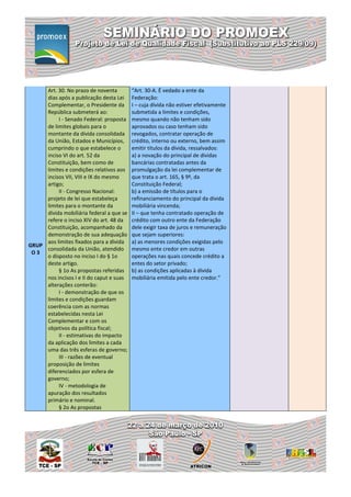 Art. 30. No prazo de noventa         “Art. 30-A. É vedado a ente da
     dias após a publicação desta Lei     Federação:
     Complementar, o Presidente da        I – cuja dívida não estiver efetivamente
     República submeterá ao:              submetida a limites e condições,
          I - Senado Federal: proposta    mesmo quando não tenham sido
     de limites globais para o            aprovados ou caso tenham sido
     montante da dívida consolidada       revogados, contratar operação de
     da União, Estados e Municípios,      crédito, interno ou externo, bem assim
     cumprindo o que estabelece o         emitir títulos da dívida, ressalvados:
     inciso VI do art. 52 da              a) a novação do principal de dívidas
     Constituição, bem como de            bancárias contratadas antes da
     limites e condições relativos aos    promulgação da lei complementar de
     incisos VII, VIII e IX do mesmo      que trata o art. 165, § 9º, da
     artigo;                              Constituição Federal;
          II - Congresso Nacional:        b) a emissão de títulos para o
     projeto de lei que estabeleça        refinanciamento do principal da dívida
     limites para o montante da           mobiliária vincenda;
     dívida mobiliária federal a que se   II – que tenha contratado operação de
     refere o inciso XIV do art. 48 da    crédito com outro ente da Federação
     Constituição, acompanhado da         dele exigir taxa de juros e remuneração
     demonstração de sua adequação        que sejam superiores:
     aos limites fixados para a dívida    a) as menores condições exigidas pelo
GRUP
     consolidada da União, atendido       mesmo ente credor em outras
 O3
     o disposto no inciso I do § 1o       operações nas quais concede crédito a
     deste artigo.                        entes do setor privado;
          § 1o As propostas referidas     b) as condições aplicadas à dívida
     nos incisos I e II do caput e suas   mobiliária emitida pelo ente credor.”
     alterações conterão:
          I - demonstração de que os
     limites e condições guardam
     coerência com as normas
     estabelecidas nesta Lei
     Complementar e com os
     objetivos da política fiscal;
          II - estimativas do impacto
     da aplicação dos limites a cada
     uma das três esferas de governo;
          III - razões de eventual
     proposição de limites
     diferenciados por esfera de
     governo;
          IV - metodologia de
     apuração dos resultados
     primário e nominal.
          § 2o As propostas
 