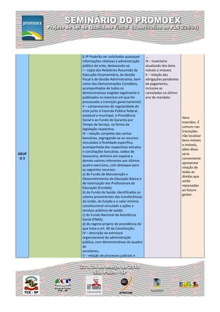 § 3º Poderão ser solicitadas quaisquer    ...
       informações relativas à administração     IX – inventário
       pública do ente, destacando-se:           atualizado dos bens
       I – cópia dos Relatórios Resumido da      móveis e imóveis
       Execução Orçamentária, de Gestão          X – relação das
       Fiscal e de Gestão Administrativa, bem    obrigações pendentes
       como das Demonstrações Contábeis,         de pagamento,
       acompanhados de todos os                  inclusive as
       demonstrativos exigidos legalmente e      canceladas no último
       publicados no exercício em que for        ano de mandato
       processada a transição governamental;
       II – comprovantes de regularidade do
       ente junto à Fazenda Pública federal,
       estadual e municipal, à Previdência
                                                                        Itens
       Social e ao Fundo de Garantia por
                                                                        inseridos. É
       Tempo de Serviço, na forma da
                                                                        comum nas
       legislação respectiva;
                                                                        transições
       III – relação completa das contas
                                                                        não localizar
       bancárias, segregando-se os recursos
                                                                        bens móveis
       vinculados à finalidade específica,
                                                                        e imóveis,
       acompanhada dos respectivos extratos
                                                                        além disso
       e conciliações bancárias, saldos de
GRUP                                                                    seria
       tesouraria, dinheiro em espécie e
 O3                                                                     conveniente
       demais valores referentes aos últimos
                                                                        apresentar
       quatro exercícios, com destaque para
                                                                        relação de
       os seguintes recursos:
                                                                        todas as
       a) do Fundo de Manutenção e
                                                                        dívidas que
       Desenvolvimento da Educação Básica e
                                                                        serão
       de Valorização dos Profissionais da
                                                                        repassadas
       Educação (Fundeb);
                                                                        ao futuro
       b) do Fundo de Saúde, identificados os
                                                                        gestor.
       valores provenientes das transferências
       da União, do Estado e o valor mínimo
       constitucional vinculado a ações e
       serviços públicos de saúde;
       c) do Fundo Nacional de Assistência
       Social (FNAS);
       d) do regime próprio de previdência de
       que trata o art. 40 da Constituição.
       IV – descrição da estrutura
       organizacional da administração
       pública, com demonstrativos do quadro
       de
       servidores;
       V – relação de processos judiciais e
 
