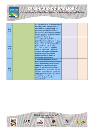 Art. 59-I. Aplicam-se ao candidato eleito
       e aos agentes por ele designados os
       mesmos deveres da autoridade em
GRUP
       exercício relativos a informações,
 O3
       documentos, registros e sistemas a que
       tiveram acesso em função do disposto
       nesta Lei Complementar.
       § 1º A responsabilização pelo
       descumprimento dos deveres de que
       trata o caput será processada e julgada:
       I – até a posse da autoridade eleita, na
       forma da Lei nº 8.429, de 1992;
GRUP
       II – a partir da posse do candidato
 O3
       eleito, de acordo com a legislação
       aplicável, conforme o agente esteja
       sujeito a sanções por crime de
       responsabilidade ou por ato de
       improbidade administrativa.
       § 2º As reuniões da autoridade em
       exercício e dos servidores subordinados
       com o candidato eleito e os membros
       da equipe de transição devem ser
       objeto de agendamento, divulgação
GRUP
       pública e registro sumário em atas que
 O3
       indiquem os participantes, os assuntos
       da pauta de discussão, as informações
       solicitadas e o cronograma de
       atendimento das demandas
       apresentadas.”
 