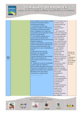 § 1º O conselho a que se refere o caput     § 1º O conselho a que
       instituirá formas de premiação e            se refere o caput
       reconhecimento público:                     instituirá formas de
       I – aos titulares de Poder que              premiação e
       alcançarem resultados meritórios em         reconhecimento
       suas políticas de desenvolvimento           público:
       social, conjugados com a prática de         I – aos titulares de
       uma gestão fiscal pautada pelas normas      Poder que alcançarem
       desta Lei Complementar;                     resultados meritórios
       II – aos trabalhos voltados para o          em suas políticas de
       controle social da gestão fiscal,           desenvolvimento
       apresentados por meio de concurso nas       social, conjugados
       seguintes categorias:                       com a prática de uma
       a) pelas escolas públicas e particulares,   gestão fiscal pautada
       a partir de experiências realizadas com     pelas normas desta
       os alunos da educação básica, cuja          Lei Complementar;
       premiação dar-se-á por modalidade de        II – aos trabalhos
       ensino;                                     voltados para o
       b) pelos alunos dos cursos de               controle social da
                                                                            Exclusão do
       graduação e de especialização,              gestão fiscal,
                                                                            item III, pois
       premiados por categoria;                    apresentados por
                                                                            esta
       c) pelos profissionais da administração     meio de concurso nas
GRUP                                                                        competência
       pública e das instituições de               seguintes categorias:
 O3                                                                         consta da
       comunicação privadas, premiados por         a) pelas escolas
                                                                            atual redação
       categoria.                                  públicas e
                                                                            do inciso III
       III – adoção de normas de consolidação      particulares, a partir
                                                                            do caput.
       e padronização dos relatórios e             de experiências
       demonstrativos de gestão fiscal de que      realizadas com os
       trata esta Lei Complementar, normas e       alunos da educação
       padrões mais simples para os pequenos       básica, cuja premiação
       Municípios, bem como outros,                dar-se-á por
       necessários ao controle social;             modalidade de
       ................................”           ensino;
                                                   b) pelos alunos dos
                                                   cursos de graduação e
                                                   de especialização,
                                                   premiados por
                                                   categoria;
                                                   c) pelos profissionais
                                                   da administração
                                                   pública e das
                                                   instituições de
                                                   comunicação
                                                   privadas, premiados
                                                   por categoria.
 