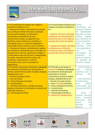 § 1º A classificação da despesa por categoria        § 1º A classificação da despesa por Utilizar          a
econômica desdobra-se em:                            categoria econômica desdobra-se classificação que
I – Despesas Correntes, constituídas por aquelas     em:                                 consta do Manual
que contribuem diretamente para a produção                                               de Contabilidade
corrente pela entidade, as destinadas à              I – Despesas Correntes: são todas Aplicada ao Setor
manutenção e prestação de serviços                   as despesas que não contribuem, Público, editado
anteriormente criados, ao pagamento de               diretamente, para a formação ou pela Secretaria do
benefícios sociais relativos aos servidores e        aquisição de um bem de capital.; Tesouro Nacional -
empregados ativos, e a obras de adaptação e                                              STN. O grupo
conservação de bens imóveis e de uso comum;          II – Despesas de Capital: são todas entendeu como
II – Despesas de Capital, constituídas por aquelas   as despesas que contribuem,         mais apropriada, e
que contribuem diretamente para a formação ou        diretamente, para a formação ou não                 há
aquisição de um bem de capital pela entidade, e      aquisição de um bem de capital.     necessidade     de
as destinadas à execução de obras, integralização                                        especificar      os
de capital, aquisições de bens imóveis e de                                              tipos de despesas
instalações, equipamentos e material                                                     na definição de
permanente, bem como à concessão de                                                      corrente e capital.
empréstimos.
§ 2º Entende-se por grupo de despesa a agregação     § 2º Entende-se por grupo de         - incluir Encargos -
dos elementos de despesa que apresentam as           natureza de despesa a agregação     para         manter
mesmas características quanto ao objeto de gasto,    dos elementos de despesa que        coerência com à
desdobrando-se em:                                   apresentam as mesmas                Portaria        163,
I – Pessoal e Encargos Sociais;                      características quanto ao objeto
II – Juros da Divida;                                de gasto, desdobrando-se em:        - incluir Benefícios
III – Outras Despesas Correntes;                     I – Pessoal e Encargos Sociais;     Previdenciários,
IV – Investimentos;                                  II – Juros e Encargos da Divida;    para        melhor
V – Inversões Financeiras, incluídas quaisquer       III – Outras Despesas Correntes;    evidenciação das
despesas referentes à constituição ou aumento de     IV – Investimentos;                 despesas do RPPS.
capital de empresas; e                               V – Inversões Financeiras;
VI – Amortização da Divida.                          VI – Amortização da Divida, e        -    Excluir     o
                                                     VII - Benefícios Previdenciários    restante do texto
                                                                                         sobre     inversões
                                                                                         financeiras, pois
                                                                                         deverá          ser
                                                                                         definido         na
                                                                                         portaria
 