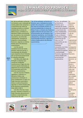 Art. 9o Se verificado, ao final de   “Art. 9º Se verificado, ao final de um        Art. 9o. Se verificado,   Os
     um bimestre, que a realização da     bimestre, que a realização da receita         ao final de um            Municípios
     receita poderá não comportar o       poderá não comportar o cumprimento            bimestre, que a           ainda se
     cumprimento das metas de             das metas de resultado primário ou            realização da receita     valem de
     resultado primário ou nominal        nominal estabelecidas no Anexo de             poderá não comportar      indesejado
     estabelecidas no Anexo de            Metas Fiscais, os titulares dos Poderes e     o cumprimento das         artifício para
     Metas Fiscais, os Poderes e o        órgãos autônomos de que trata o art.          metas estabelecidas       financiament
     Ministério Público promoverão,       20 promoverão, por ato próprio e nos          no Anexo de Metas         o de seu
     por ato próprio e nos montantes      montantes necessários, nos trinta dias        Fiscais, os titulares     déficit
     necessários, nos trinta dias         subseqüentes, limitação de empenho e          dos Poderes e órgãos      orçamentário
     subseqüentes, limitação de           movimentação financeira, segundo os           autônomos de que          :a
     empenho e movimentação               critérios fixados pela lei de diretrizes      trata o art. 20           superestimati
     financeira, segundo os critérios     orçamentárias.                                promoverão, por ato       va de receita
     fixados pela lei de diretrizes       ..........................................”   próprio e nos             orçamentária
     orçamentárias.                                                                     montantes                 eo
          § 1o No caso de                                                               necessários, nos trinta   consequente
     restabelecimento da receita                                                        dias subseqüentes,        empenho de
     prevista, ainda que parcial, a                                                     limitação de empenho      despesa sem
     recomposição das dotações                                                          e movimentação            lastro
     cujos empenhos foram limitados                                                     financeira, segundo os    financeiro.
     dar-se-á de forma proporcional                                                     critérios fixados pela
     às reduções efetivadas.                                                            lei de diretrizes         Dessa prática
GRUP
          § 2o Não serão objeto de                                                      orçamentárias.            decorrem os
 O3
     limitação as despesas que                                                                                    tão
     constituam obrigações                                                                                        corriqueiros
     constitucionais e legais do ente,                                                                            Restos a
     inclusive aquelas destinadas ao                                                                              Pagar sem
     pagamento do serviço da dívida,                                                                              cobertura de
     e as ressalvadas pela lei de                                                                                 caixa, que
     diretrizes orçamentárias.                                                                                    integram a
          § 3o No caso de os Poderes                                                                              dívida
     Legislativo e Judiciário e o                                                                                 majoritária
     Ministério Público não                                                                                       das unidades
     promoverem a limitação no                                                                                    locais de
     prazo estabelecido no caput, é o                                                                             governo: a de
     Poder Executivo autorizado a                                                                                 curto prazo
     limitar os valores financeiros                                                                               (déficit
     segundo os critérios fixados pela                                                                            financeiro).
     lei de diretrizes orçamentárias.
     (Vide ADIN 2.238-5)                                                                                          Assim,
          § 4o Até o final dos meses                                                                              grande parte
     de maio, setembro e fevereiro, o                                                                             dos
     Poder Executivo demonstrará e                                                                                municípios
     avaliará o cumprimento das                                                                                   não têm
     metas fiscais de cada                                                                                        operações de
 