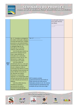 Constituição Federal e
                                                                                     lei ou pela natureza
                                                                                     do tributo.
                                                                                     ....................................
                                                                                     .........”




     Art. 17. Considera-se obrigatória    “Art. 17. ...................
     de caráter continuado a despesa      ........................................
     corrente derivada de lei, medida
     provisória ou ato administrativo
     normativo que fixem para o ente
     a obrigação legal de sua
     execução por um período
     superior a dois exercícios.
          § 1o Os atos que criarem ou
     aumentarem despesa de que
     trata o caput deverão ser
     instruídos com a estimativa
     prevista no inciso I do art. 16 e
     demonstrar a origem dos
     recursos para seu custeio.
          § 2o Para efeito do
GRUP
     atendimento do § 1o, o ato será
 O3
     acompanhado de comprovação
     de que a despesa criada ou
     aumentada não afetará as metas
     de resultados fiscais previstas no
     anexo referido no § 1o do art.
     4o, devendo seus efeitos
     financeiros, nos períodos
     seguintes, ser compensados pelo
     aumento permanente de receita        § 8º O relatório emitido
     ou pela redução permanente de        quadrimestralmente pelo Chefe do
     despesa.                             Poder Executivo de cada ente da
          § 3o Para efeito do § 2o,       Federação, previsto no art. 54, incluirá
     considera-se aumento                 a demonstração do atendimento das
     permanente de receita o              condições de que trata este artigo.”
     proveniente da elevação de
     alíquotas, ampliação da base de
 