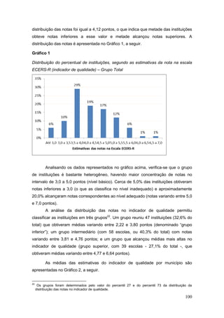 distribuição das notas foi igual a 4,12 pontos, o que indica que metade das instituições
obteve notas inferiores a esse valor e metade alcançou notas superiores. A
distribuição das notas é apresentada no Gráfico 1, a seguir.

Gráfico 1

Distribuição do percentual de instituições, segundo as estimativas da nota na escala
ECERS-R (indicador de qualidade) – Grupo Total




           Analisando os dados representados no gráfico acima, verifica-se que o grupo
de instituições é bastante heterogêneo, havendo maior concentração de notas no
intervalo de 3,0 a 5,0 pontos (nível básico). Cerca de 5,0% das instituições obtiveram
notas inferiores a 3,0 (o que as classifica no nível inadequado) e aproximadamente
20,0% alcançaram notas correspondentes ao nível adequado (notas variando entre 5,0
e 7,0 pontos).
           A análise da distribuição das notas no indicador de qualidade permitiu
classificar as instituições em três grupos22. Um grupo reuniu 47 instituições (32,6% do
total) que obtiveram médias variando entre 2,22 e 3,80 pontos (denominado “grupo
inferior”); um grupo intermediário (com 58 escolas, ou 40,3% do total) com notas
variando entre 3,81 e 4,76 pontos; e um grupo que alcançou médias mais altas no
indicador de qualidade (grupo superior, com 39 escolas - 27,1% do total -, que
obtiveram médias variando entre 4,77 e 6,64 pontos).

           As médias das estimativas do indicador de qualidade por município são
apresentadas no Gráfico 2, a seguir.


22
      Os grupos foram determinados pelo valor do percentil 27 e do percentil 73 da distribuição da
     distribuição das notas no indicador de qualidade.

                                                                                              100
 