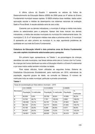 A última coluna do Quadro 1 apresenta os valores do Índice de
Desenvolvimento da Educação Básica (IDEB) de 2009 paras as 4ª séries do Ensino
Fundamental municipal nessas capitais. O IDEB sintetiza duas medidas: dados sobre
aprovação escolar e médias de desempenho nos sistemas nacionais de avaliação
Saeb e Prova Brasil. A escala adotada varia de zero a dez.

       Coerente com os demais indicadores, o município A atinge a média mais baixa
dentre os selecionados para a pesquisa. Apesar das boas marcas nos demais
indicadores, a média das escolas municipais do município B é relativamente baixa. Os
municípios C, D, E e F alcançaram médias mais altas e próximas entre si. O município
G apresenta um valor próximo ao município A, ou seja, apontando problemas de
qualidade em sua rede de Ensino Fundamental.


Cobertura da Educação Infantil e dois primeiros anos do Ensino Fundamental
nas sete capitais inicialmente selecionadas para a pesquisa

       Em primeiro lugar, apresenta-se, na Tabela 1, as porcentagens de crianças
atendidas nos sete municípios, nas faixas etárias entre zero e 3 anos e de 4 e 5 anos.
As crianças de 6 anos distribuem-se entre a Educação Infantil e o Ensino Fundamental
e por esse motivo estão também incluídas na tabela.
       Para esses cálculos, foram utilizadas as seguintes fontes: Sistema de
Estatísticas Educacionais Edudatabrasil, para matrículas em 2010; estimativas da
população, segundo grupos de idade, via consulta ao Datasus. O número de
matrículas inclui as redes municipal, particular e privada conveniada.
Tabela 1
Taxas de escolarização por faixa etária e município – 2010

             0 A 3 ANOS                  4 A 5 ANOS               6 ANOS
Municípios                                                                    %
             População % matriculas      População % matriculas   População
                                                                              matriculas
A            56.559       5,8%           29.709      36,6%        14.999      56,3%
B            15.743       48,7%          7.791       105,4%       3.892       108,0%
C            106.006      19,1%          54.791      71,3%        27.803      96,0%
D            86.140       27,0%          43.717      69,6%        21.544      104,7%
E            18.156       30,8%          9.288       80,9%        4.577       90,6%
F            45.457       24,0%          22.846      73,2%        11.119      103,2%
G            134.801      14,0%          68.620      74,1%        34.419      91,9%




                                                                                      108
 