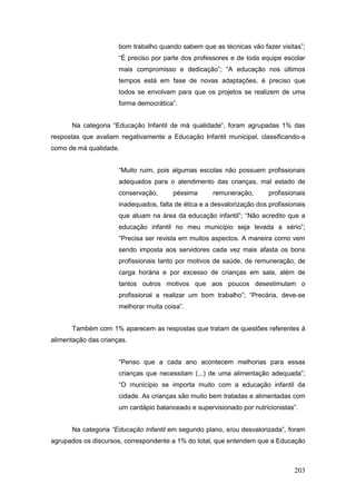 bom trabalho quando sabem que as técnicas vão fazer visitas”;
                      “É preciso por parte dos professores e de toda equipe escolar
                      mais compromisso e dedicação”; “A educação nos últimos
                      tempos está em fase de novas adaptações, é preciso que
                      todos se envolvam para que os projetos se realizem de uma
                      forma democrática”.


      Na categoria “Educação Infantil de má qualidade”, foram agrupadas 1% das
respostas que avaliam negativamente a Educação Infantil municipal, classificando-a
como de má qualidade.


                      “Muito ruim, pois algumas escolas não possuem profissionais
                      adequados para o atendimento das crianças, mal estado de
                      conservação,      péssima       remuneração,       profissionais
                      inadequados, falta de ética e a desvalorização dos profissionais
                      que atuam na área da educação infantil”; “Não acredito que a
                      educação infantil no meu município seja levada a sério”;
                      “Precisa ser revista em muitos aspectos. A maneira como vem
                      sendo imposta aos servidores cada vez mais afasta os bons
                      profissionais tanto por motivos de saúde, de remuneração, de
                      carga horária e por excesso de crianças em sala, além de
                      tantos outros motivos que aos poucos desestimulam o
                      profissional a realizar um bom trabalho”; “Precária, deve-se
                      melhorar muita coisa”.


      Também com 1% aparecem as respostas que tratam de questões referentes à
alimentação das crianças.


                      “Penso que a cada ano acontecem melhorias para essas
                      crianças que necessitam (...) de uma alimentação adequada”;
                      “O município se importa muito com a educação infantil da
                      cidade. As crianças são muito bem tratadas e alimentadas com
                      um cardápio balanceado e supervisionado por nutricionistas”.


      Na categoria “Educação Infantil em segundo plano, e/ou desvalorizada”, foram
agrupados os discursos, correspondente a 1% do total, que entendem que a Educação



                                                                                  203
 