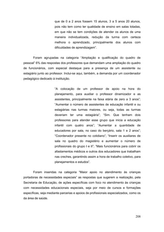 que de 0 a 2 anos fossem 15 alunos, 3 a 5 anos 20 alunos,
                      pois não tem como ter qualidade de ensino em salas lotadas,
                      em que não se tem condições de atender os alunos de uma
                      maneira individualizada, redução da turma com certeza
                      melhora o aprendizado, principalmente dos alunos com
                      dificuldades de aprendizagem”.


       Foram agrupadas na categoria “Ampliação e qualificação do quadro de
pessoal” 6% das respostas dos professores que demandam uma ampliação do quadro
de funcionários, com especial destaque para a presença de um assistente ou
estagiário junto ao professor. Inclui-se aqui, também, a demanda por um coordenador
pedagógico dedicado à instituição.


                      “A colocação de um professor de apoio na hora do
                      planejamento, para auxiliar o professor dinamizador e as
                      assistentes, principalmente na faixa etária de zero a 3 anos”;
                      “Aumentar o número de assistentes de educação infantil e ou
                      estagiárias nas turmas maiores, ou seja, todas as turmas
                      deveriam ter uma estagiária”; “Sim. Que tenham dois
                      professores para atender esse grupo que inicia a educação
                      infantil com quatro anos”; “Aumentar a quantidade de
                      educadores por sala, no caso do berçário, sala 1 e 2 anos”;
                      “Coordenador presente no cotidiano”; “Inserir os auxiliares de
                      sala no quadro do magistério e aumentar o número de
                      profissionais do grupo I e II”; “Mais funcionários para cobrir os
                      afastamentos médicos e outros dos educadores que trabalham
                      nas creches, garantindo assim a hora de trabalho coletivo, para
                      planejamentos e estudos”.


       Foram inseridas na categoria “Maior apoio no atendimento às crianças
portadoras de necessidades especiais” as respostas que sugerem a realização, pela
Secretaria de Educação, de ações específicas com foco no atendimento às crianças
com necessidades educacionais especiais, seja por meio de cursos e formações
específicas, seja mediante parcerias e apoios de profissionais especializados, como os
da área de saúde.




                                                                                   208
 