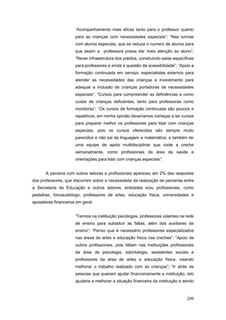 “Acompanhamento mais eficaz tanto para o professor quanto
                      para as crianças com necessidades especiais”; “Nas turmas
                      com alunos especiais, que se reduza o numero de alunos para
                      que assim a professora possa dar mais atenção ao aluno”;
                      “Rever infraestrutura dos prédios, construindo salas específicas
                      para professores e ainda a questão da acessibilidade”; “Apoio a
                      formação continuada em serviço, especialistas externos para
                      atender as necessidades das crianças e investimento para
                      adequar a inclusão de crianças portadoras de necessidades
                      especiais”; “Cursos para compreender as deficiências e como
                      cuidar de crianças deficientes, tanto para professoras como
                      monitoras”; “Os cursos de formação continuada são poucos e
                      repetitivos, em minha opinião deveríamos começar a ter cursos
                      para preparar melhor os professores para lidar com crianças
                      especiais, pois os cursos oferecidos são sempre muito
                      parecidos e não sai da linguagem e matemática, e também ter
                      uma equipe de apoio multidisciplinar que visite a creche
                      semanalmente, como profissionais da área da saúde e
                      orientações para lidar com crianças especiais”.


       A parceria com outros setores e profissionais apareceu em 2% das respostas
dos professores, que discorrem sobre a necessidade da realização de parcerias entre
a Secretaria de Educação e outros setores, entidades e/ou profissionais, como
pediatras, fonoaudiólogo, professores de artes, educação física, universidades e
apoiadores financeiros em geral.


                      “Termos na instituição psicólogos, professores volantes na rede
                      de ensino para substituir as faltas, além dos auxiliares de
                      ensino”; “Penso que é necessário professores especializados
                      nas áreas de artes e educação física nas creches”; “Apoio de
                      outros profissionais, pois faltam nas instituições profissionais
                      da área da psicologia, odontologia, assistentes sociais e
                      professores da área de artes e educação física, visando
                      melhorar o trabalho realizado com as crianças”; “Ir atrás de
                      pessoas que queiram ajudar financeiramente a instituição, isto
                      ajudaria a melhorar a situação financeira da instituição e sendo



                                                                                  209
 