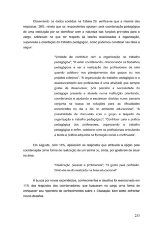 Observando os dados contidos na Tabela 29, verifica-se que a maioria das
respostas, 20%, revela que os respondentes optaram pela coordenação pedagógica
de uma instituição por se identificar com a natureza das funções previstas para o
cargo, sobretudo no que diz respeito às tarefas relacionadas à organização,
supervisão e orientação do trabalho pedagógico, como podemos constatar nas falas a
seguir:


                        “Vontade de contribuir com a organização do trabalho
                        pedagógico”; “O estar coordenando, direcionando os trabalhos
                        pedagógicos e ver a realização das profissionais de sala
                        quando colaboro nos planejamentos dos grupos ou nos
                        projetos coletivos”; “A organização do trabalho pedagógico e o
                        assessoramento aos professores é uma atividade que sempre
                        gostei de desenvolver, pois percebo a necessidade do
                        pedagogo presente e atuante numa instituição orientando,
                        coordenando e ajudando a esclarecer dúvidas numa parceria
                        conjunta   na    busca   de   soluções   para   as   dificuldades
                        encontradas no dia a dia do ambiente educacional”; “A
                        possibilidade de discussão com o grupo a respeito da
                        organização e trabalho pedagógico”; “Contribuir para a prática
                        pedagógica      dos   professores,   organizando     o   trabalho
                        pedagógico e enfim, colaborar com os profissionais articulando
                        a teoria e prática adquirida na formação inicial e continuada”.


          Em seguida, com 18%, aparecem as respostas que atribuem a opção pela
coordenação como forma de realização de um sonho ou, ainda, por gostarem de atuar
na área.


                        “Realização pessoal e profissional”; “O gosto pela profissão.
                        Sinto-me muito realizada na área educacional”.


          A busca por novas experiências, conhecimentos e desafios foi mencionada em
11% das respostas dos coordenadores, que buscaram no cargo uma forma de
enriquecer seu repertório de conhecimentos sobre a Educação, bem como enfrentar
novos desafios.




                                                                                      233
 