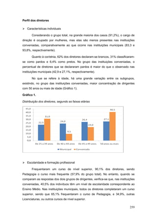 Perfil dos diretores

 Características individuais

       Considerando o grupo total, na grande maioria dos casos (91,2%), o cargo de
direção é ocupado por mulheres, mas elas são menos presentes nas instituições
conveniadas, comparativamente ao que ocorre nas instituições municipais (83,3 e
93,8%, respectivamente).

       Quanto à cor/etnia, 62% dos diretores declaram-se brancos, 31% classificaram-
se como pardos e 6,4% como pretos. No grupo das instituições conveniadas, o
percentual de diretores que se declararam pardos é maior do que o observado nas
instituições municipais (42,9 e 27,1%, respectivamente).

       No que se refere à idade, há uma grande variação entre os subgrupos,
existindo, no grupo das instituições conveniadas, maior concentração de dirigentes
com 50 anos ou mais de idade (Gráfico 1).

Gráfico 1.

Distribuição dos diretores, segundo as faixas etárias




 Escolaridade e formação profissional

       Frequentaram um curso de nível superior, 90,1% dos diretores, sendo
Pedagogia o curso mais frequente (57,9% do grupo total). No entanto, quando se
comparam as respostas dos dois grupos de dirigentes, verifica-se que, nas instituições
conveniadas, 40,5% dos indivíduos têm um nível de escolaridade correspondente ao
Ensino Médio. Nas instituições municipais, todos os diretores completaram um curso
superior, sendo que 65,1% frequentaram o curso de Pedagogia, e 34,9%, outras
Licenciaturas, ou outros cursos de nível superior.

                                                                                  259
 