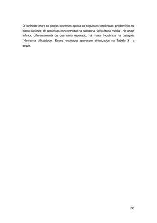 O contraste entre os grupos extremos aponta as seguintes tendências: predomínio, no
grupo superior, de respostas concentradas na categoria “Dificuldade média”. No grupo
inferior, diferentemente do que seria esperado, há maior frequência na categoria
“Nenhuma dificuldade”. Esses resultados aparecem sintetizados na Tabela 31, a
seguir.




                                                                                293
 