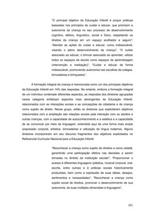 “O principal objetivo da Educação Infantil é propor práticas
                       baseadas nos princípios do cuidar e educar, que priorizem a
                       autonomia da criança no seu processo de desenvolvimento
                       cognitivo, afetivo, linguístico, social e físico, respeitando os
                       direitos da criança em um espaço acolhedor e seguro”;
                       “Atender as ações do cuidar e educar, como indissociável,
                       visando o pleno desenvolvimento da criança”; “O cuidar
                       associado ao educar, o brincar associado ao aprender, utilizar
                       todos os espaços da escola como espaços de aprendizagem
                       (intervenção e mediação)”; “Cuidar e educar de forma
                       indissociável, promovendo autonomia nas escolhas de colegas,
                       brincadeiras e brinquedos”.


       A formação integral da criança é mencionada como um dos principais objetivos
da Educação Infantil em 14% das respostas. No entanto, embora a formação integral
de um indivíduo contemple diferentes aspectos, as respostas dos diretores agrupadas
nessa categoria enfatizam aspectos mais abrangentes da Educação Infantil,
relacionados com as interações sociais e as concepções de cidadania e de criança
como sujeito de direito. Nesse grupo, estão os diretores que explicitaram objetivos
relacionados com a ampliação das relações sociais pela interação com os adultos e
outras crianças, com a capacidade de autoconhecimento e a estética e a capacidade
de se comunicar por meio da linguagem, entendida aqui de uma forma mais ampla
(expressão corporal, artística, brincadeiras e utilização da língua materna). Alguns
diretores incorporaram em seu discurso fragmentos dos objetivos explicitados no
Referencial Curricular Nacional para a Educação Infantil.


                       “Reconhecer a criança como sujeito de direitos e como cidadã,
                       garantindo uma participação efetiva nas decisões a serem
                       tomadas no âmbito da instituição escolar”; “Proporcionar o
                       acesso à diferentes linguagens (plástica, musical corporal, oral,
                       escrita, entre outras) e à práticas sociais historicamente
                       produzidas, bem como a expressão de suas idéias, desejos,
                       sentimentos e necessidades”; “Reconhecer a criança como
                       sujeito social de direitos, promover o desenvolvimento de sua
                       autonomia, de suas múltiplas dimensões e linguagens”.




                                                                                    301
 