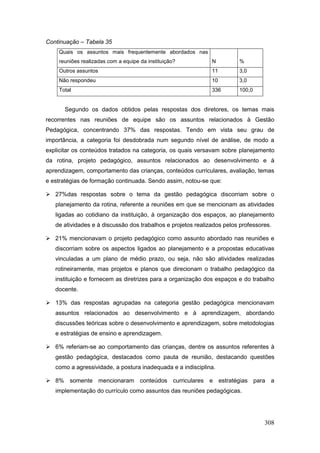 Continuação – Tabela 35
    Quais os assuntos mais frequentemente abordados nas
    reuniões realizadas com a equipe da instituição?          N         %
    Outros assuntos                                           11        3,0
    Não respondeu                                             10        3,0
    Total                                                     336       100,0


      Segundo os dados obtidos pelas respostas dos diretores, os temas mais
recorrentes nas reuniões de equipe são os assuntos relacionados à Gestão
Pedagógica, concentrando 37% das respostas. Tendo em vista seu grau de
importância, a categoria foi desdobrada num segundo nível de análise, de modo a
explicitar os conteúdos tratados na categoria, os quais versavam sobre planejamento
da rotina, projeto pedagógico, assuntos relacionados ao desenvolvimento e à
aprendizagem, comportamento das crianças, conteúdos curriculares, avaliação, temas
e estratégias de formação continuada. Sendo assim, notou-se que:

 27%das respostas sobre o tema da gestão pedagógica discorriam sobre o
   planejamento da rotina, referente a reuniões em que se mencionam as atividades
   ligadas ao cotidiano da instituição, à organização dos espaços, ao planejamento
   de atividades e à discussão dos trabalhos e projetos realizados pelos professores.

 21% mencionavam o projeto pedagógico como assunto abordado nas reuniões e
   discorriam sobre os aspectos ligados ao planejamento e a propostas educativas
   vinculadas a um plano de médio prazo, ou seja, não são atividades realizadas
   rotineiramente, mas projetos e planos que direcionam o trabalho pedagógico da
   instituição e fornecem as diretrizes para a organização dos espaços e do trabalho
   docente.

 13% das respostas agrupadas na categoria gestão pedagógica mencionavam
   assuntos relacionados ao desenvolvimento e à aprendizagem, abordando
   discussões teóricas sobre o desenvolvimento e aprendizagem, sobre metodologias
   e estratégias de ensino e aprendizagem.

 6% referiam-se ao comportamento das crianças, dentre os assuntos referentes à
   gestão pedagógica, destacados como pauta de reunião, destacando questões
   como a agressividade, a postura inadequada e a indisciplina.

 8% somente mencionaram conteúdos curriculares e estratégias para a
   implementação do currículo como assuntos das reuniões pedagógicas.




                                                                                  308
 