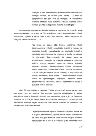 crianças, os pais demonstram quererem ficarem livres das suas
                        crianças quando as trazem para creche”; “A falta de
                        compromisso dos pais com as crianças”; “A desestrutura
                        familiar e a falta do apoio da família”; “Buscar parcerias com as
                        famílias que não participam do trabalho da instituição”.


       As respostas que abordam estudos teóricos e momentos de formação sobre
temas relacionados com a área da Educação Infantil, como desenvolvimento infantil,
sexualidade, higiene e saúde, com o propósito formativo, foram agrupadas na
categoria “Temas de estudo”, 13%.


                        “Os temas de estudo são:           limites,    autonomia infantil,
                        desenvolvimento infantil, sexualidade infantil, o brincar na
                        educação infantil, musicalização na educação infantil e
                        psicologia comportamental da criança e a família no contexto
                        da   educação”;    “Comportamento     da      criança,   forma   de
                        aprendizagem, execução da proposta pedagógica, cultura da
                        infância, criança enquanto sujeito de direitos, violência,
                        inclusão, famílias”; “Desenvolvimento infantil, sexualidade
                        infantil, valorização do educador infantil, cuidados das famílias
                        com as crianças (higiene, saúde, carinho), a importância do
                        brincar, letramento, entre outros”; “Desenvolvimento infantil,
                        teorias   de   aprendizagem,    linguagens,     desenho     infantil,
                        psicomotricidade relacional, relação creche/família, saúde e
                        cuidados com as crianças”.


       Com 5% das citações, a categoria “Política educacional” agrupa as respostas
que mencionam ser assunto das reuniões questões relacionadas à política
educacional para a Educação Infantil, que demandam uma ação da Secretaria
Municipal de Educação. Sendo assim, encontram-se nesse grupo os diretores que
mencionam a falta de vagas, de recursos financeiros e materiais, os problemas com
infraestrutura e os baixos salários.


                        “A principal questão é o prédio onde funciona nossa escola, ele
                        é alugado, sem estrutura, quando chove não há possibilidade
                        de haver aula, pois todas as salas enchem de água. Estamos
                        nesse prédio há 3 anos e a secretaria já foi informada várias


                                                                                         310
 