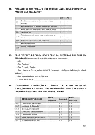 33.   PENSANDO NO SEU TRABALHO NOS PRÓXIMOS ANOS, QUAIS PERSPECTIVAS
      PARECEM MAIS REALIZÁVEIS?


                                                                  SIM    NÃO
               Continuar na mesma função na rede em que
        33.1                                                      ( )    ( )
               trabalho
        33.2   Mudar de função na mesma rede em que trabalho      ( )    ( )
        33.3   Fazer concurso público para outra rede de ensino   ( )    ( )
        33.4   Aposentar-se                                       ( )    ( )
               Trabalhar em mais turnos para complementar a
        33.5                                                      ( )    ( )
               renda
        33.6   Fazer curso superior ou pós-graduação              ( )    ( )
        33.7   Mudar de profissão                                 ( )    ( )
               Outros. Especifique:
        33.8
               ____________________________________________


34.   VOCÊ PARTICIPA DE ALGUM GRUPO FORA DA INSTITUIÇÃO COM FOCO NA
      EDUCAÇÃO? (Marque mais de uma alternativa, se for necessário.)
      ( ) Não.
      ( ) Sim, Sindicato.
      ( ) Sim, Conselho Tutelar.
      ( ) Sim, Fórum de Educação Infantil/ MIEIB (Movimento Interfóruns da Educação Infantil
      no Brasil).
      ( ) Sim, Conselho Municipal de Educação.
      ( ) Outros. Especifique: ________________________________________________


35.   CONSIDERANDO A FORMAÇÃO E O PREPARO DE UM BOM GESTOR DE
      EDUCAÇÃO INFANTIL, ASSINALE O GRAU DE IMPORTÂNCIA QUE VOCÊ ATRIBUI A
      CADA TÓPICO DE CONHECIMENTO NO QUADRO ABAIXO:


                                                   Pouco                       Muito
                 CONHECIMENTOS SOBRE                              Importante
                                                   Importante                  importante
       35.1      Fundamentos da Educação           ( )            ( )          ( )
       35.2      Legislação da Educação            ( )            ( )          ( )
       35.3      Desenvolvimento infantil          ( )            ( )          ( )
       35.4      Currículo na Educação Infantil    ( )            ( )          ( )
       35.5      Contabilidade escolar             ( )            ( )          ( )
       35.6      Saúde e alimentação da criança    ( )            ( )          ( )
       35.7      Inclusão de crianças com          ( )            ( )          ( )


                                                                                            405
 