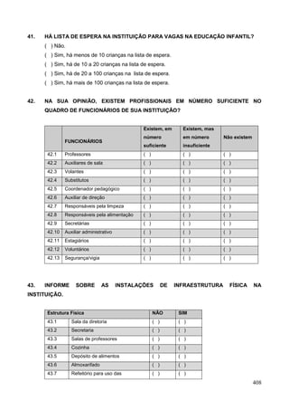 41.   HÁ LISTA DE ESPERA NA INSTITUIÇÃO PARA VAGAS NA EDUCAÇÃO INFANTIL?
      ( ) Não.
      ( ) Sim, há menos de 10 crianças na lista de espera.
      ( ) Sim, há de 10 a 20 crianças na lista de espera.
      ( ) Sim, há de 20 a 100 crianças na lista de espera.
      ( ) Sim, há mais de 100 crianças na lista de espera.


42.   NA SUA OPINIÃO, EXISTEM PROFISSIONAIS EM NÚMERO SUFICIENTE NO
      QUADRO DE FUNCIONÁRIOS DE SUA INSTITUIÇÃO?


                                                 Existem, em        Existem, mas
                                                 número             em número      Não existem
               FUNCIONÁRIOS
                                                 suficiente         insuficiente
       42.1    Professores                       ( )                ( )            ( )
       42.2    Auxiliares de sala                ( )                ( )            ( )
       42.3    Volantes                          ( )                ( )            ( )
       42.4    Substitutos                       ( )                ( )            ( )
       42.5    Coordenador pedagógico            ( )                ( )            ( )
       42.6    Auxiliar de direção               ( )                ( )            ( )
       42.7    Responsáveis pela limpeza         ( )                ( )            ( )
       42.8    Responsáveis pela alimentação     ( )                ( )            ( )
       42.9    Secretárias                       ( )                ( )            ( )
       42.10   Auxiliar administrativo           ( )                ( )            ( )
       42.11   Estagiários                       ( )                ( )            ( )
       42.12   Voluntários                       ( )                ( )            ( )
       42.13   Segurança/vigia                   ( )                ( )            ( )




43.   INFORME       SOBRE        AS      INSTALAÇÕES         DE   INFRAESTRUTURA     FÍSICA      NA
INSTITUIÇÃO.


       Estrutura Física                                NÃO         SIM
       43.1       Sala da diretoria                    ( )         ( )
       43.2       Secretaria                           ( )         ( )
       43.3       Salas de professores                 ( )         ( )
       43.4       Cozinha                              ( )         ( )
       43.5       Depósito de alimentos                ( )         ( )
       43.6       Almoxarifado                         ( )         ( )
       43.7       Refeitório para uso das              ( )         ( )
                                                                                                 408
 